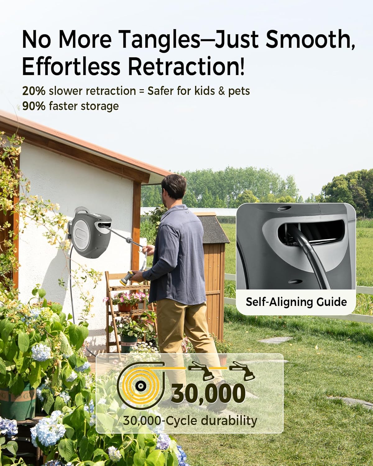 GLAHODEN Retractable Garden Hose Reel 5/8 in x 115 ft Metal Bracket, 2025 Upgraded Dual Ratchet Lock UV & Freeze Protection Brass Seal Slow Retraction Anti-Tangle Hose 180°Swivel