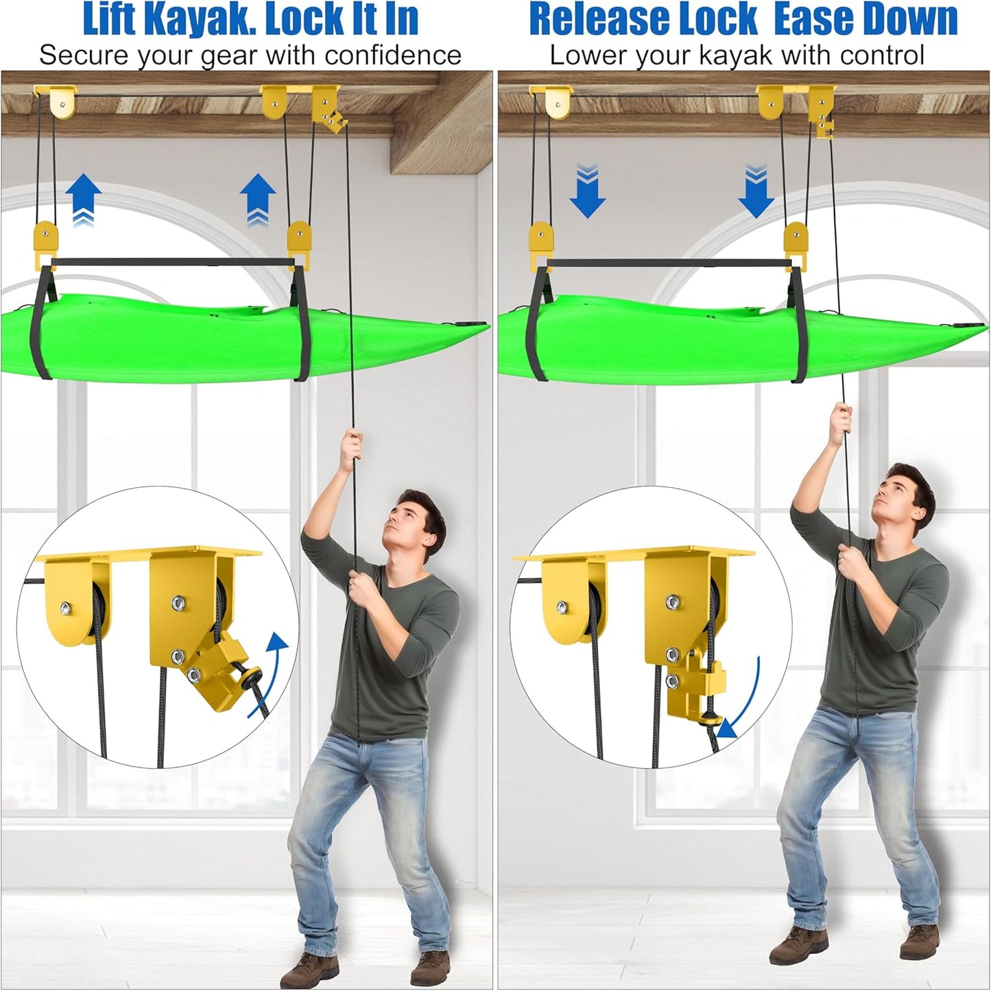 2 Pack Kayak Hoist for Garage Ceiling Storage, Kayak Lift Pulley System with 85 lbs Capacity for Lightweight Kayak, Ladder, Bike, Surfboard