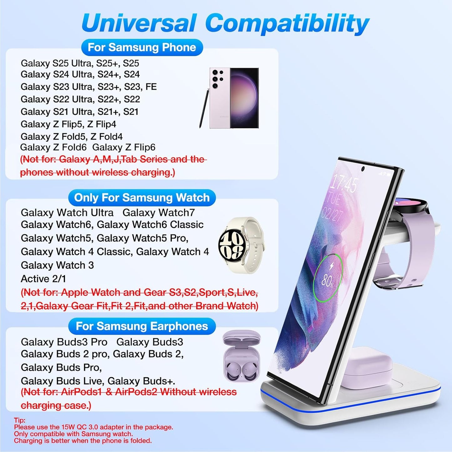 Wireless Charging Station for Samsung/Android, Fast Wireless Watch Charger Station Compatible for Samsung Galaxy S25 Ultra/S24/S23+/Z Flip 7/6 Fold 7/6, Watch8/7/Pro/Active 2 Galaxy Buds3/2 Pro(White)