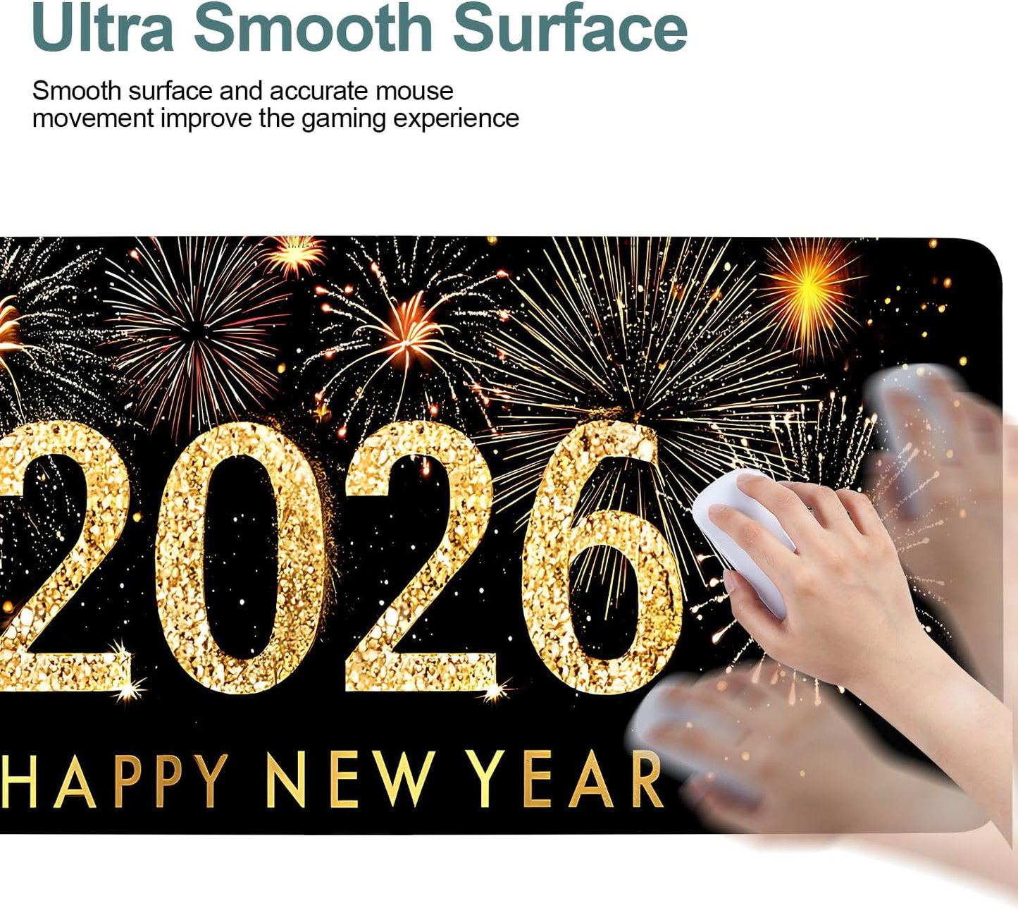2026 Happy New Year Gaming Mouse Pad 31.5"x11.8"Desk Mat Anti-Slip Rubber Base & Durable Stitched Edges for Gamers Smooth Mouse Writing Surface for Desk Office/Home
