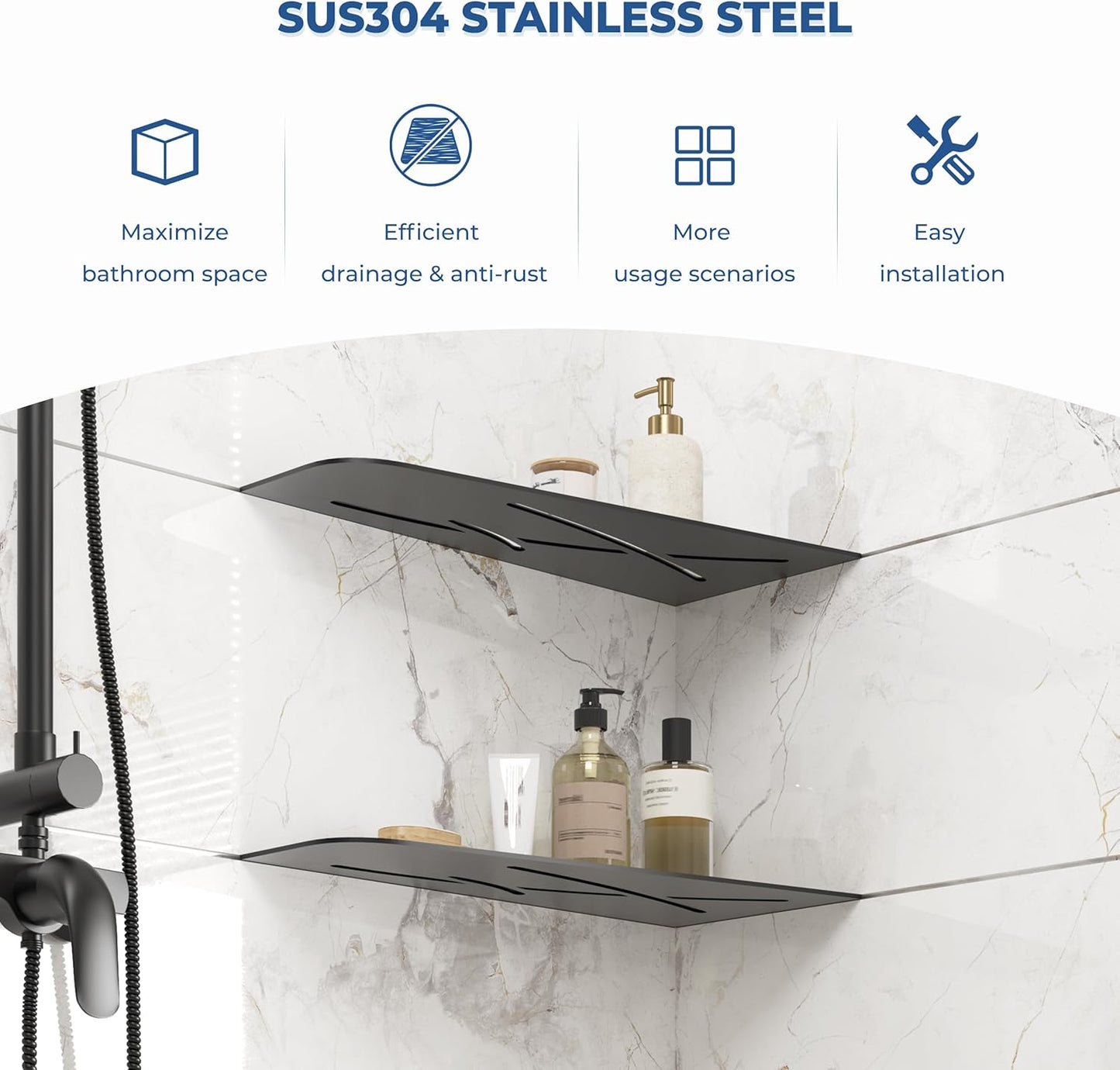 FerdY 2-Pack 12" Matte Black Recessed Corner Shower Shelf, for Tiled Bathroom Walls, 304 Stainless Steel Floating Shelf, Shower Caddy Storage Shelves, No Drilling Required, Trapezoidal