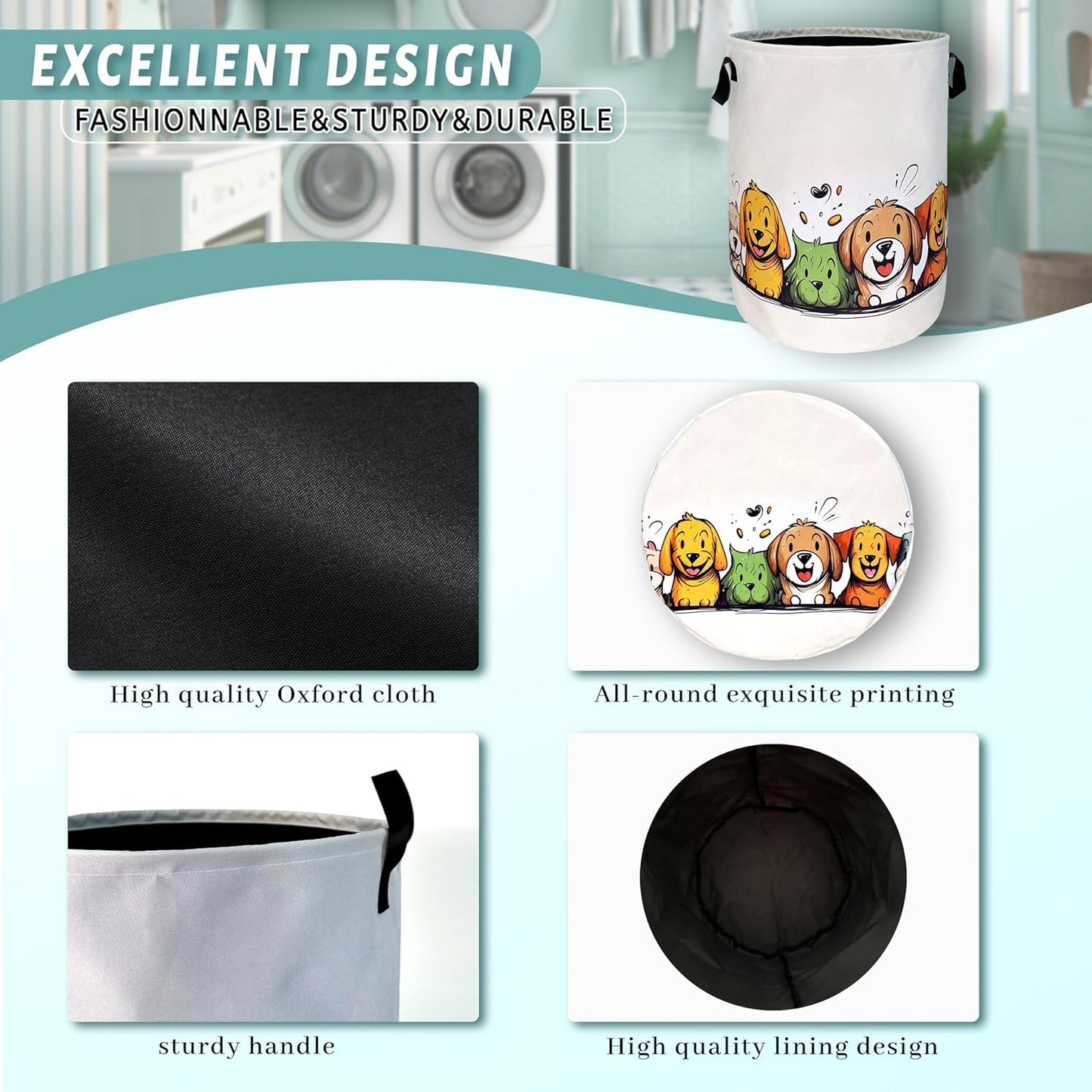 Happy Colorful Dogs Laundry Hamper With Handles Foldable Cute Animals Dog Oxford Cloth Tote Bag Funny Laundry Basket Clothes Toy Storage Bucket 18.9" x 16.5"For Bathroom/Laundry/Bedroom