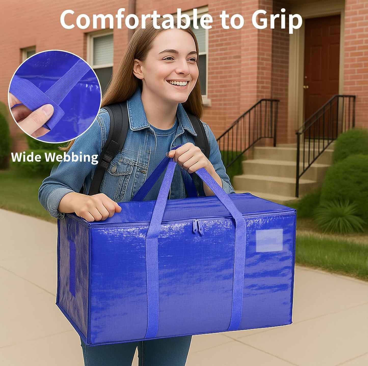 12 Pack-Extra Large Heavy Duty Moving Bags - Waterproof Storage Totes with Handles & Zippers, Foldable for College Dorm, Storage (Blue)