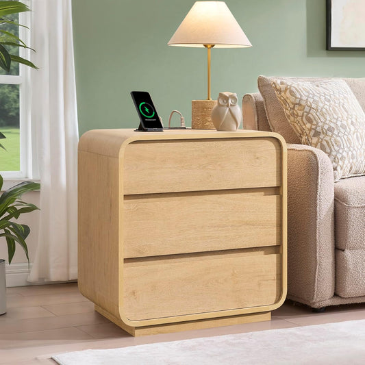 Farmhouse Nightstand, 25" Tall Wood Bedside Table with Charging Station, 3 Storage Drawers Side Table, Large End Table Night Stand for Bedroom, Office, Sofa, Curved Profile, Natural