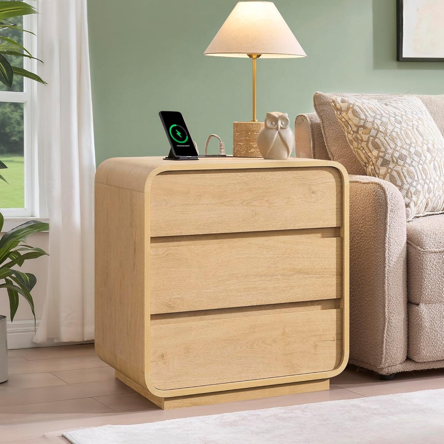 Modern Nightstand, 25" Tall Wood Bedside Table with Charging Station, 3 Drawers Dresser Side Table, Large End Table Night Stand for Bedroom, Office, Sofa, Curved Profile Design, Natural