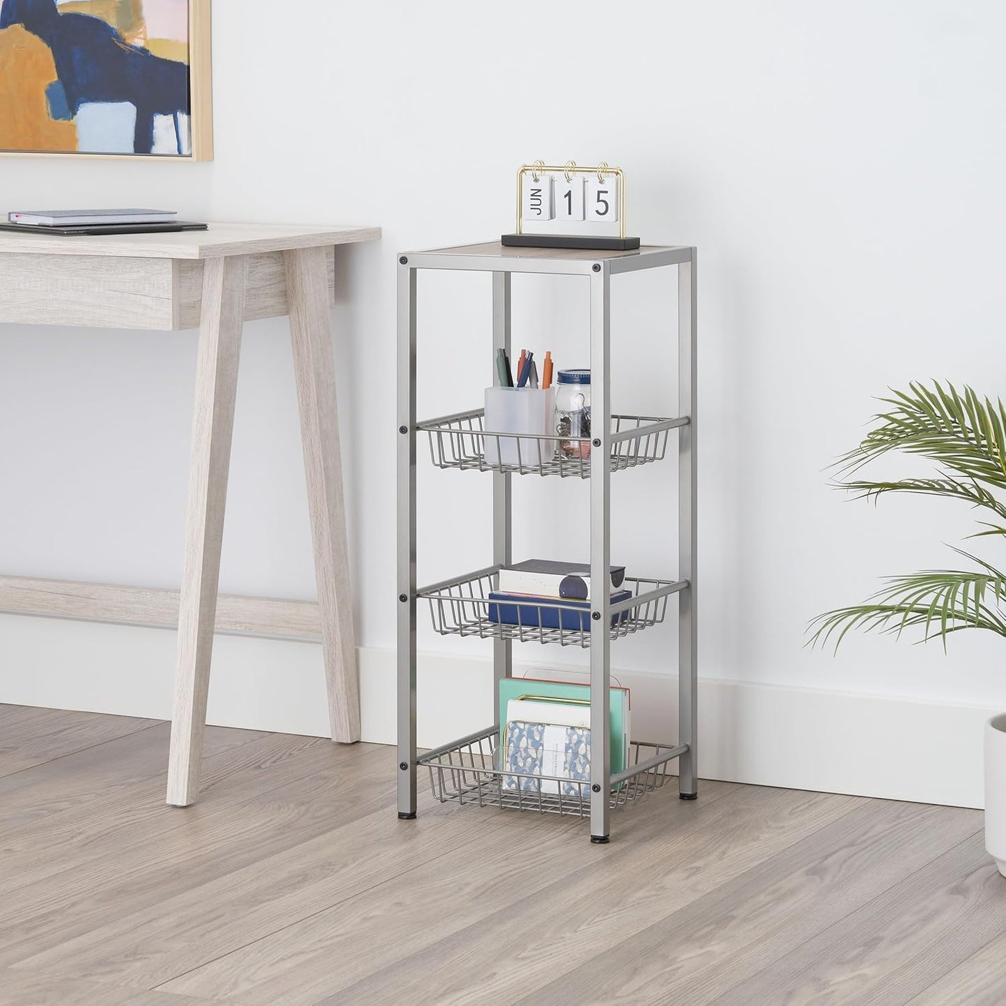 TRINITY 4-Tier Freestanding Metal Shelving Rack with Wire Baskets, Wood Top, and Adjustable Feet, 12"x12"x30", Champagne + Classic Gray Top