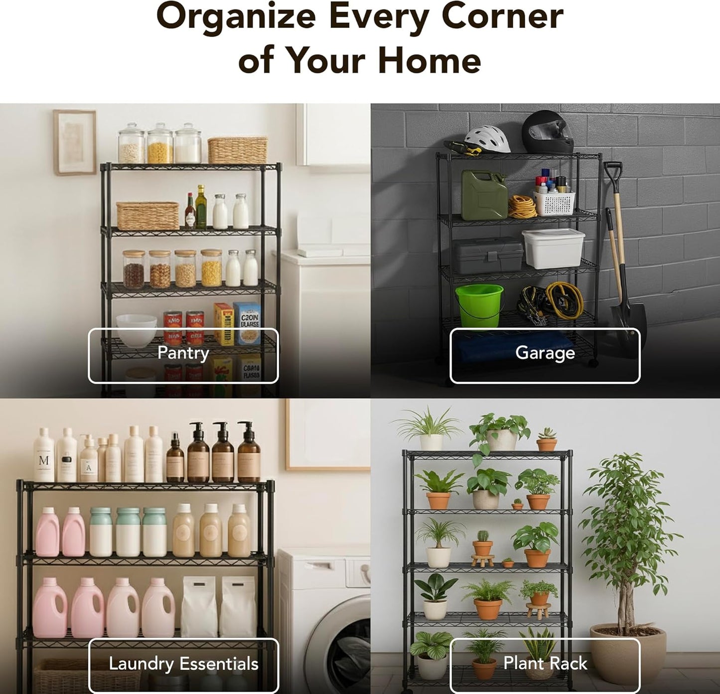 5 Tier Wire Shelving Unit Storage Rack, Metal Heavy Duty Utility Organizers, Organization Units for Products Plant Pantry, Garage, Laundry Racks Durable Shelf Stand,14"W x 30"L x 60"H, Black