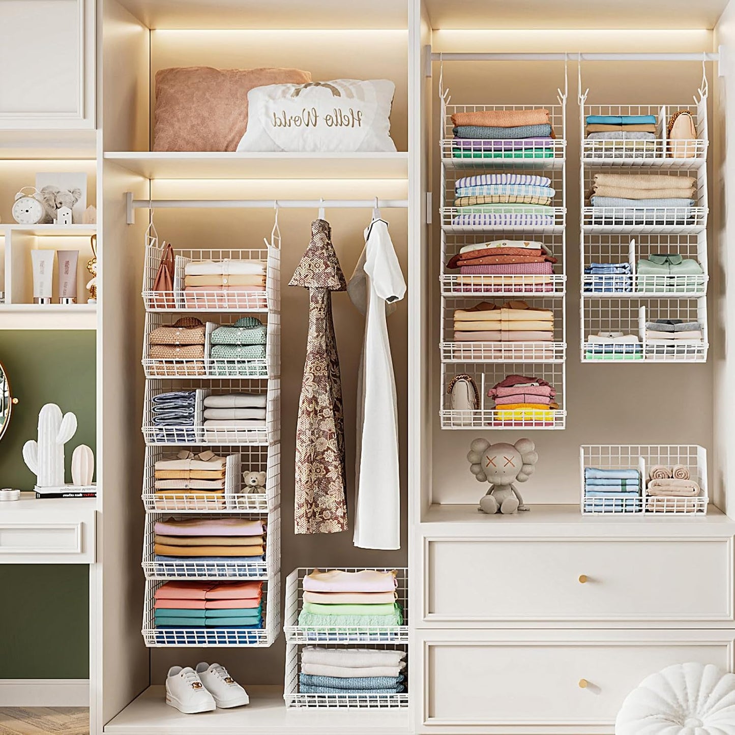 6 Tier Extra Large Hanging Closet Organizer, Closet Storage Hanging with Dividers, Wire Closet Shelf with 5 S Hooks 4 Dividers,Sweater Handbag Hat Accessory Storage Hanger,White