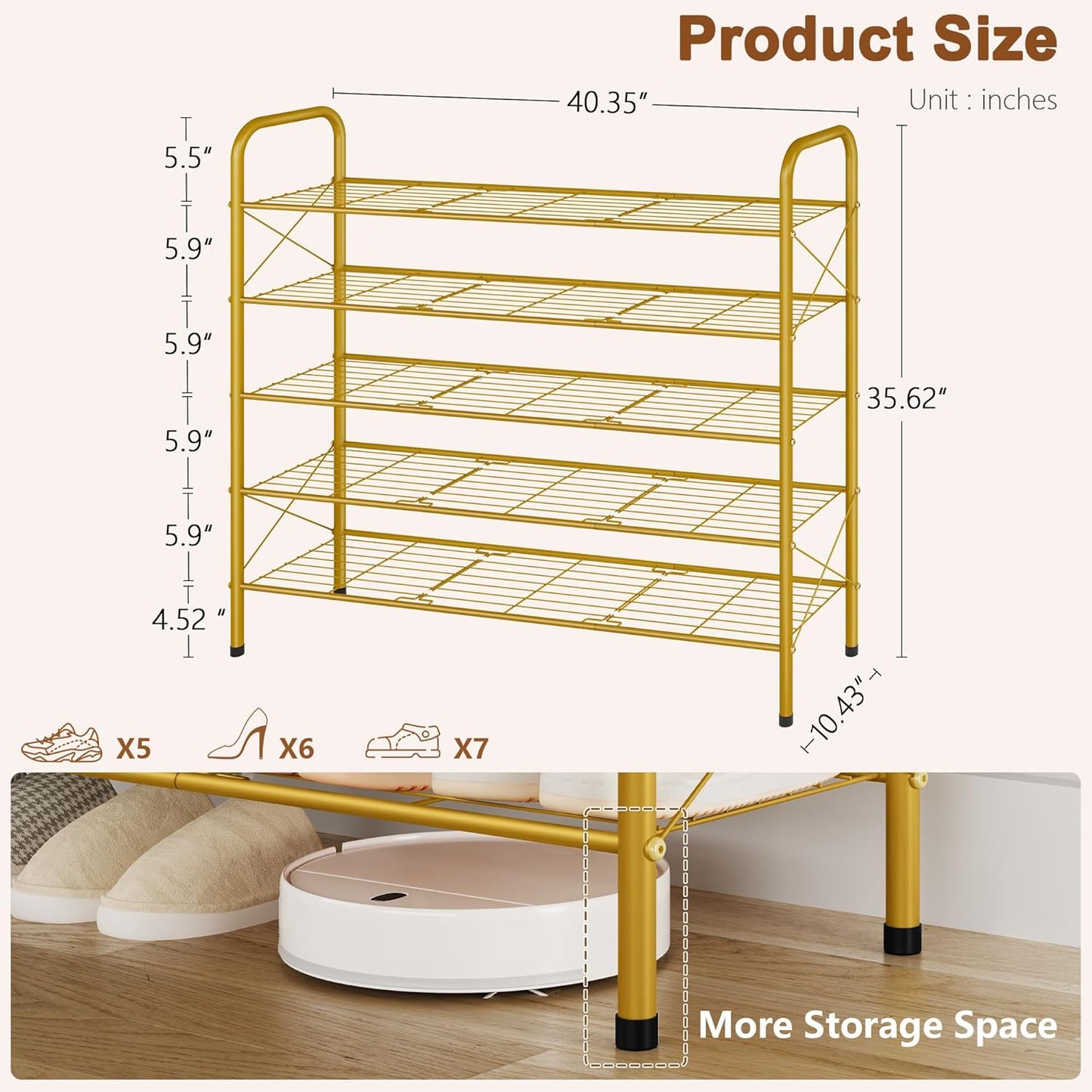 Hoctieon 5 Tier Shoe Rack for Closet, Durable Mesh Style Shoe Rack, Entryway Shoe Shelf, Shoe Storage Organizer for Hallway, Bedroom, Living Room, Wardrobe, Gold