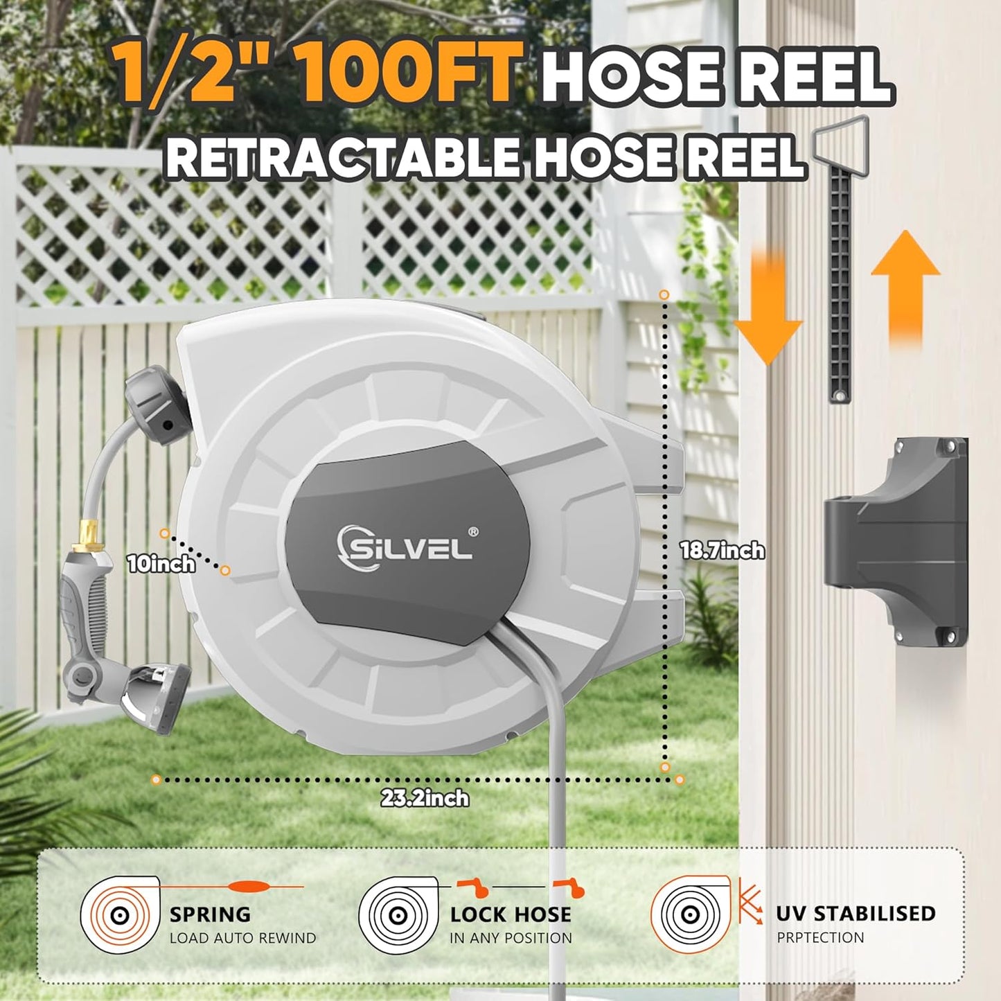 SILVEL Retractable Garden Hose Reel, 1/2 in x 100ft Wall Mount Heavy Duty Automatic Hose Reel with 10 Pattern Nozzle, Any Length Lock & Slow Return System, 180°Swivel Bracket Upgraded UV Resistant