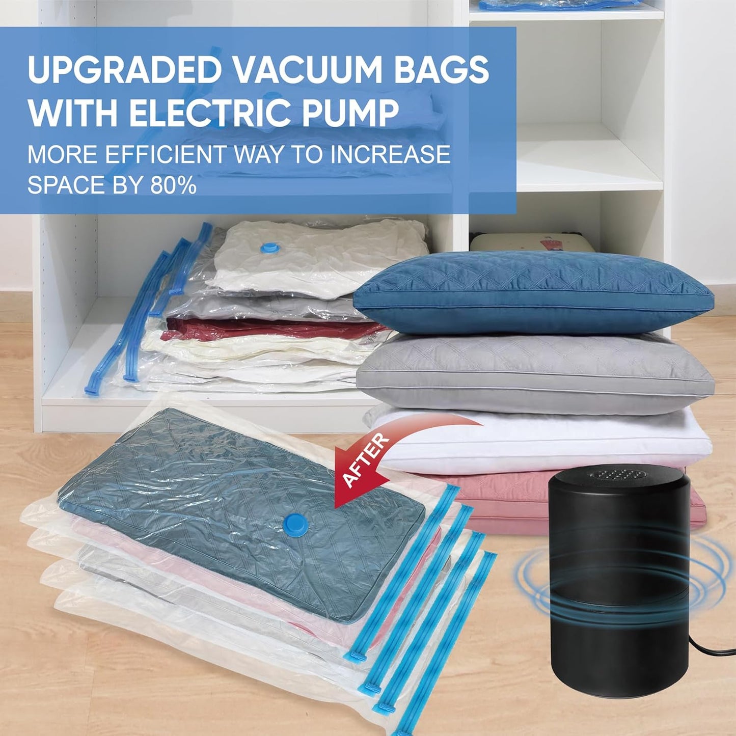 Vacuum Storage Bags with Electric Pump, 15 Large Space Saver Vacuum Seal Bags with Pump, Vacuum Sealer Compression for Clothes, Comforters, Blankets, Bedding