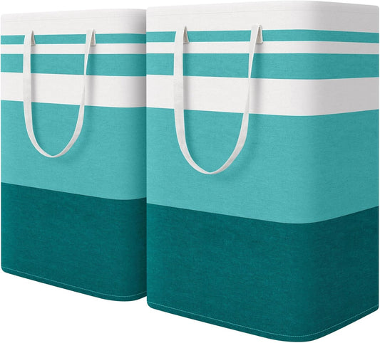 HomeHacks 2-Pack Large Laundry Basket, Waterproof, Freestanding Laundry Hamper, Collapsible Tall Clothes Hamper with Extended Handles for Clothes Toys in the Dorm and Family (Green, 75L)