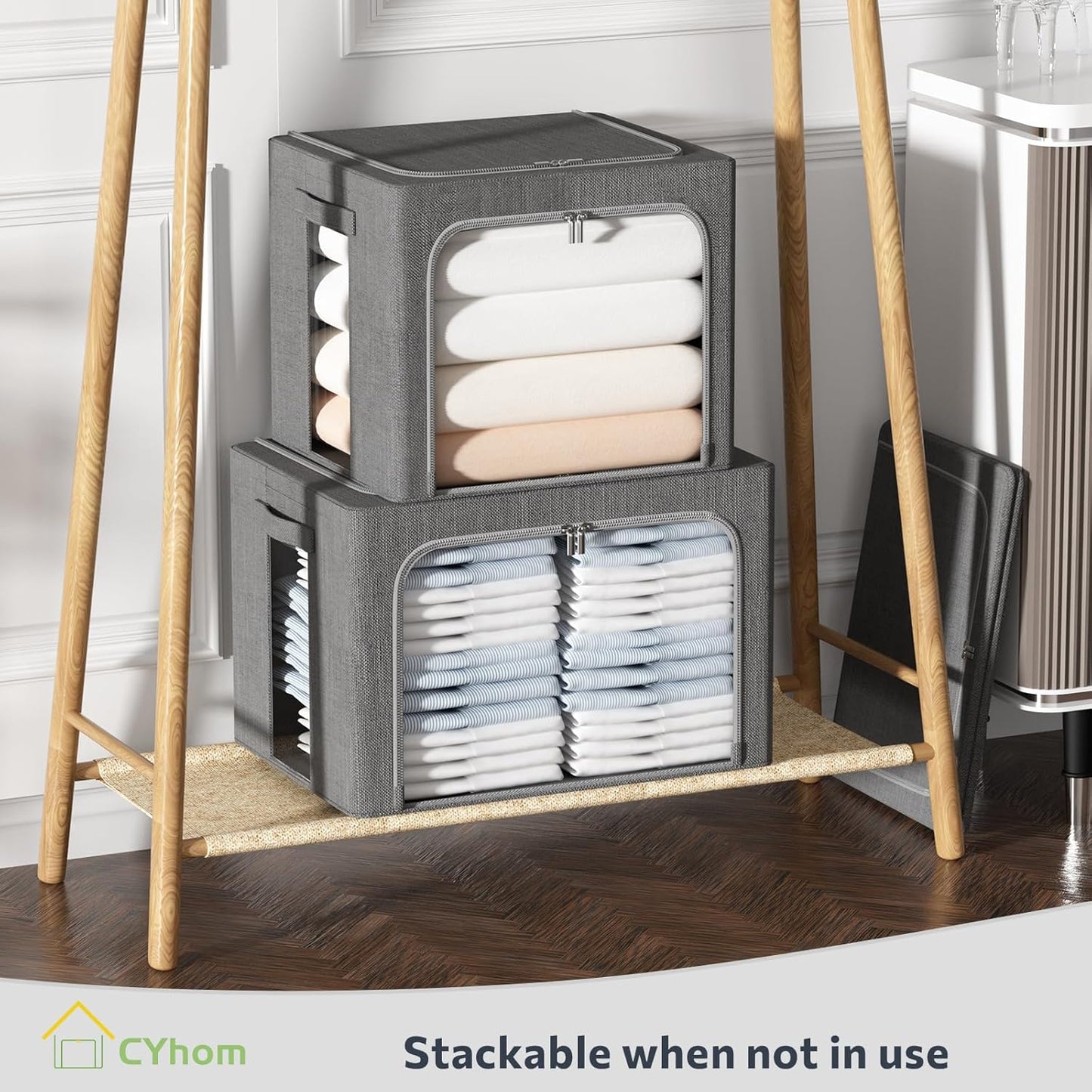 CYhom Clothes Storage Bins Box - Linen Fabric Foldable Stackable Container Organizer Set with Clear Window & Carry Handles & Metal Frame - 2Pack Large Capacity for Bedding, Blankets, Books