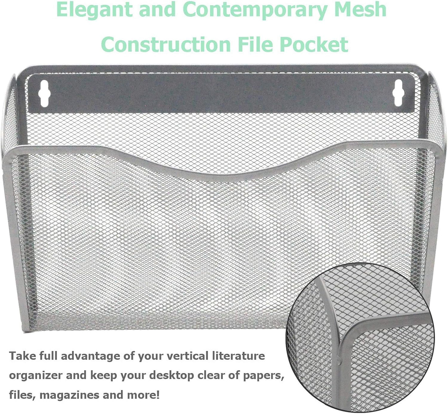 EASEPRES 6 Single Pocket Mesh Hanging File Organizer, Vertical Wall Mounted Magazine File Holder, Mount Basket Mail Paper Document Folder Organizing for Office, Home and School, Silver
