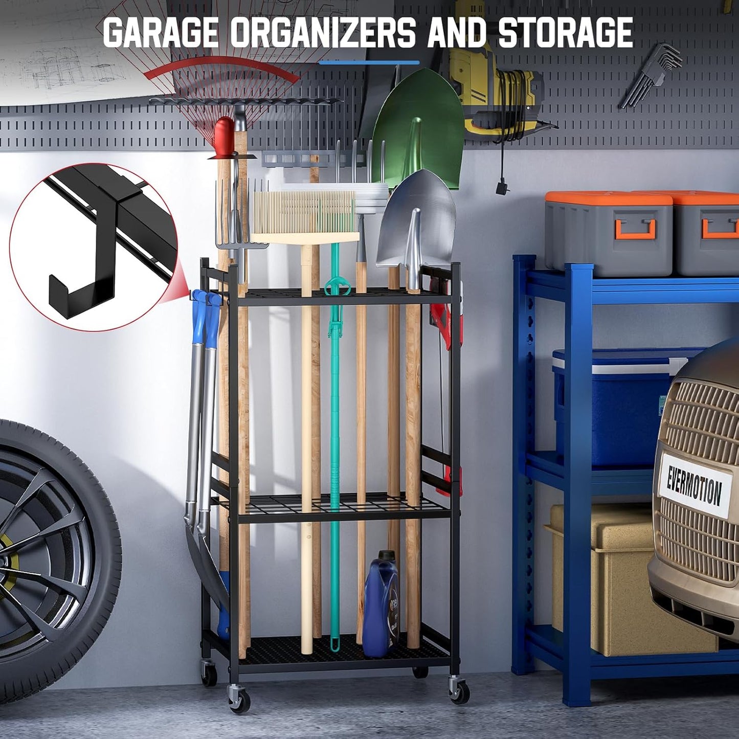 Garden Organizer With Wheels, Yard Tower Rack for Garage Storage, Up to 35 Long-Handled Tools, Sturdy Metal Steel Holder With 3 Hooks, Outdoor, Black