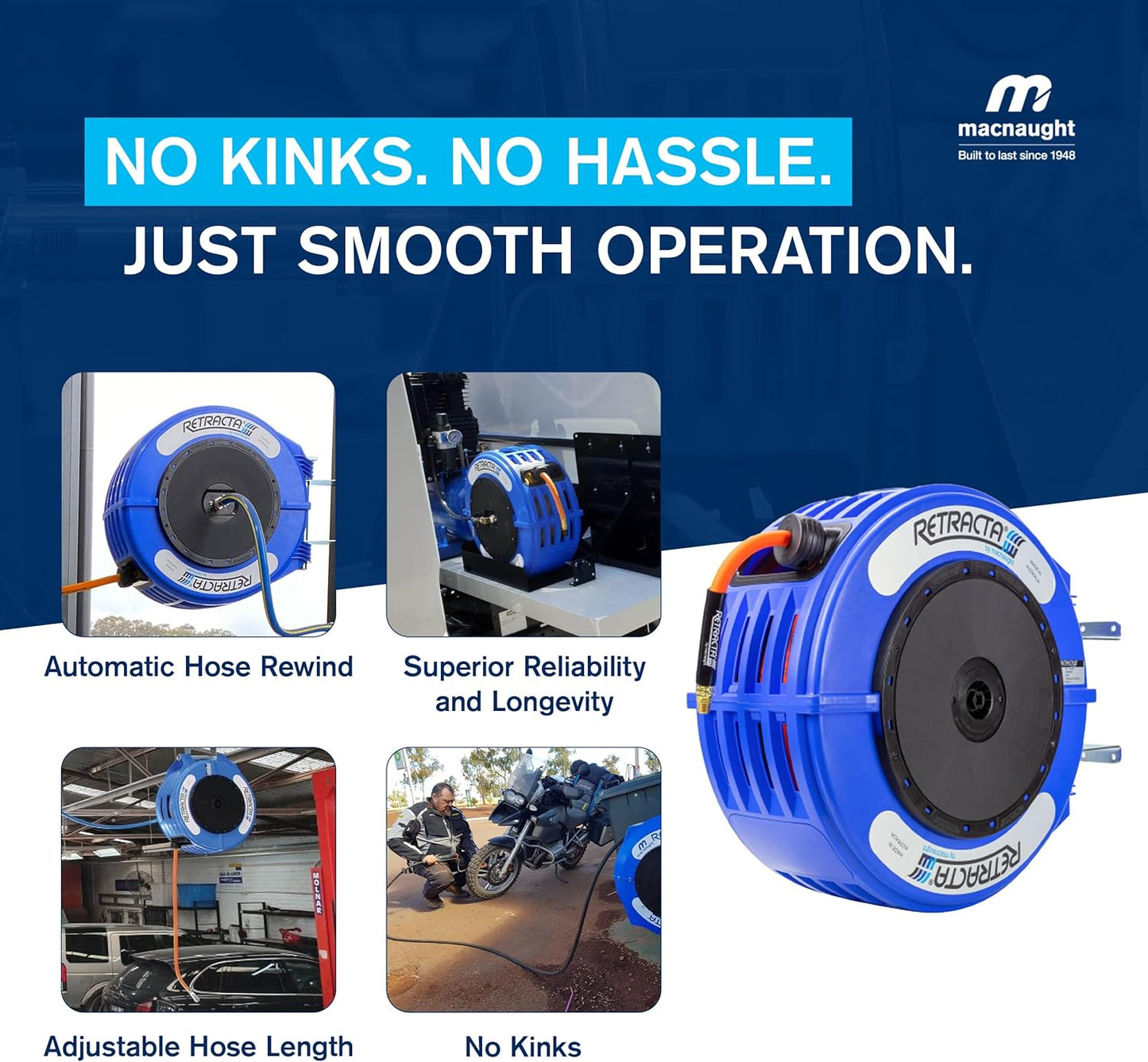 Macnaught Retractable Air/Water Hose Reel with 3/8 in. x 65 FT Hybrid Hose, 10 Year Warranty, Ceiling/Wall Mounted Heavy Duty Industrial Commercial with Bracket, 300PSI