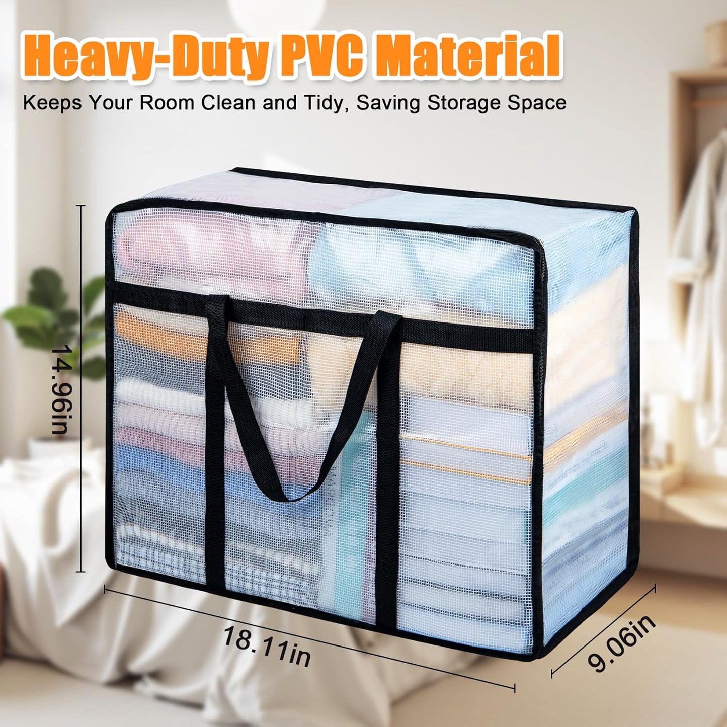 6 Pack Clear Blanket Storage Bags with Zipper, Vinyl Foldable Moving Bags Closet Organizers and Storage Containers for Bedding, Blankets, Comforters, Clothing, Toys, Quilt, Duvet, 40L
