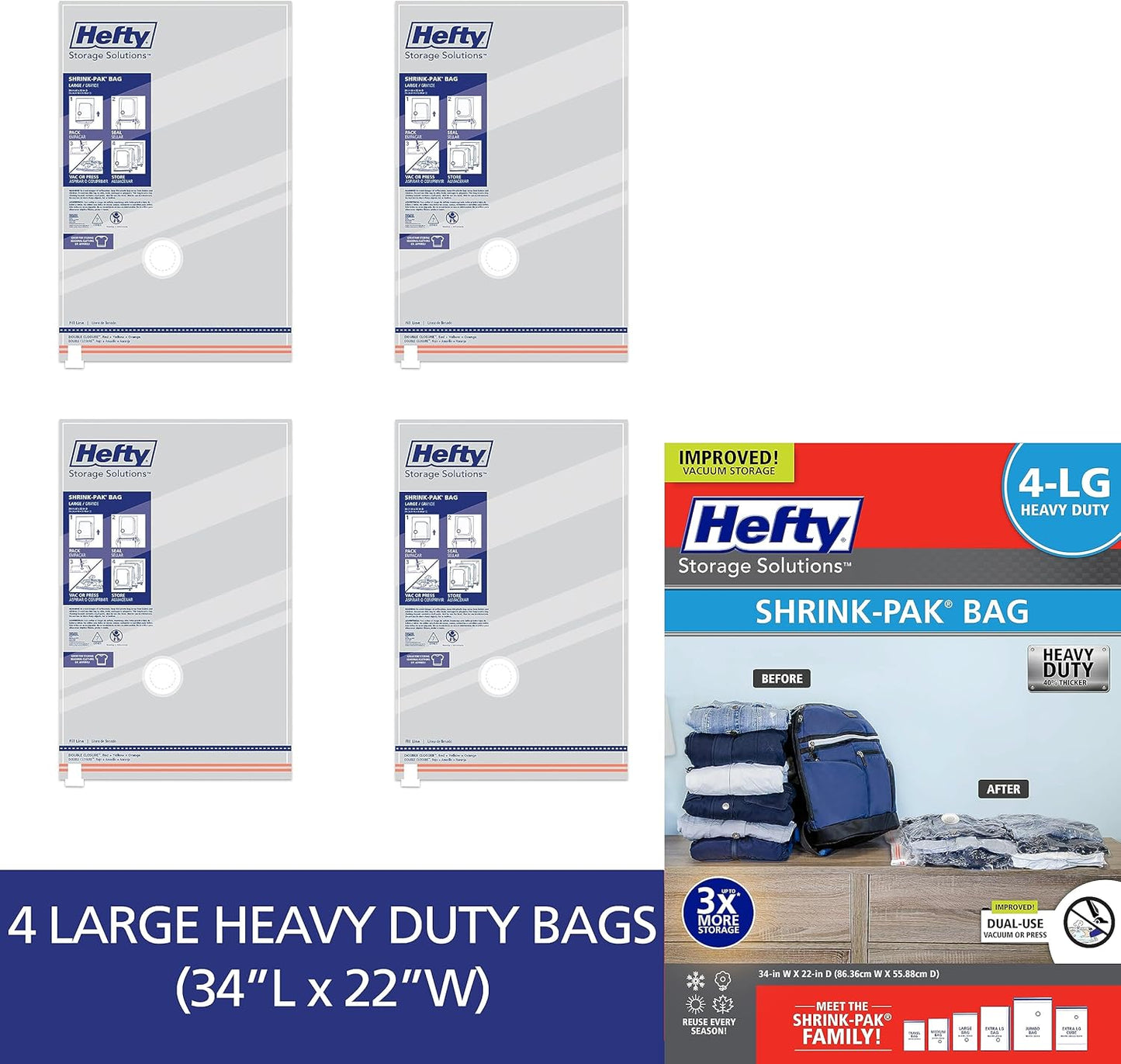Hefty Vacuum Bags for Clothes 4 Pack, Space Saving Large Vacuum Storage Bags (34 X 22 Inches) Compression Seal for Bedding, Travel Pump Included (4 Large Heavy Duty)