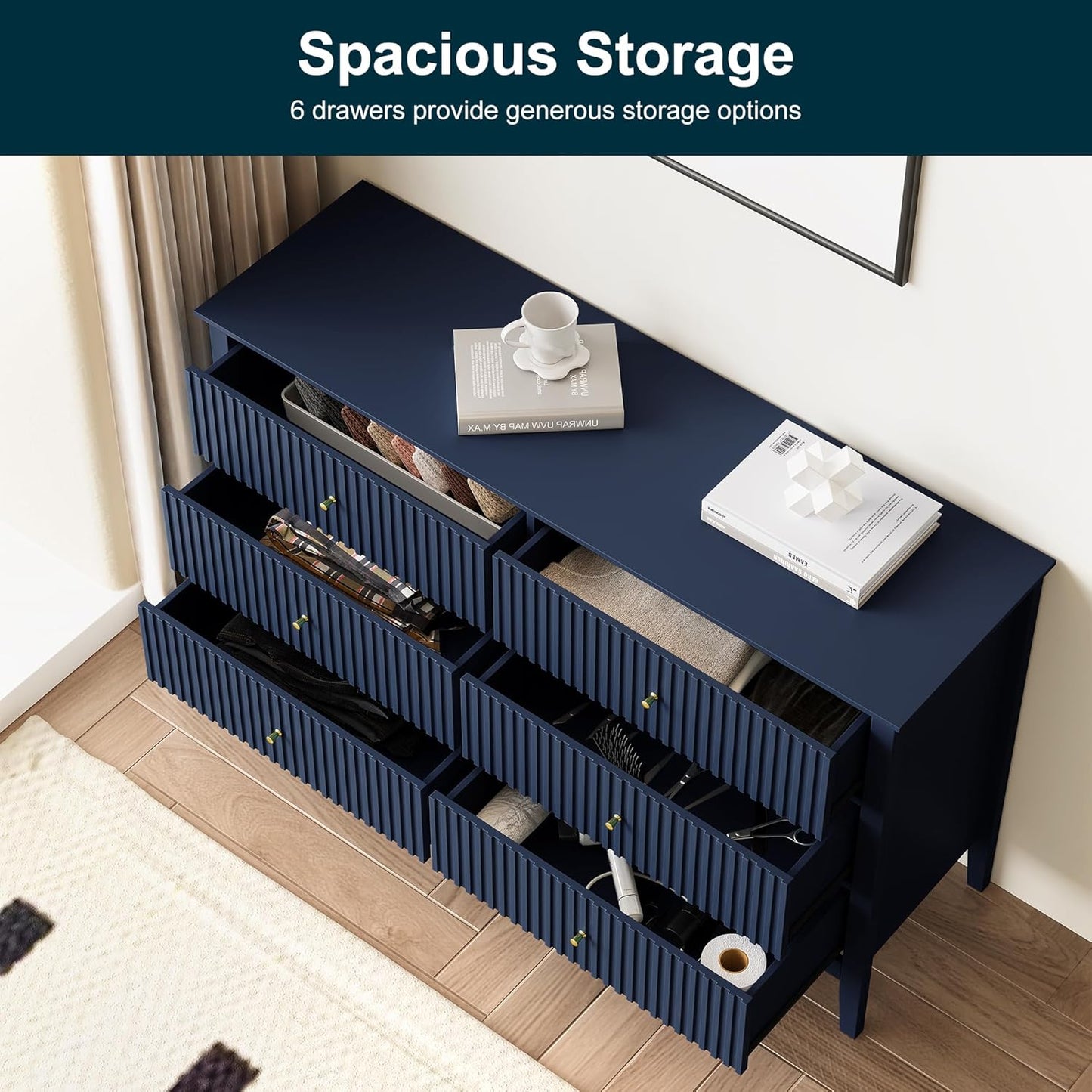 RoyalCraft 6 Drawer Dresser, Fluted Modern Wood Chest of Drawers, Long Dresser for Bedroom TV Stand Storage Cabinet for Living Room, Blue