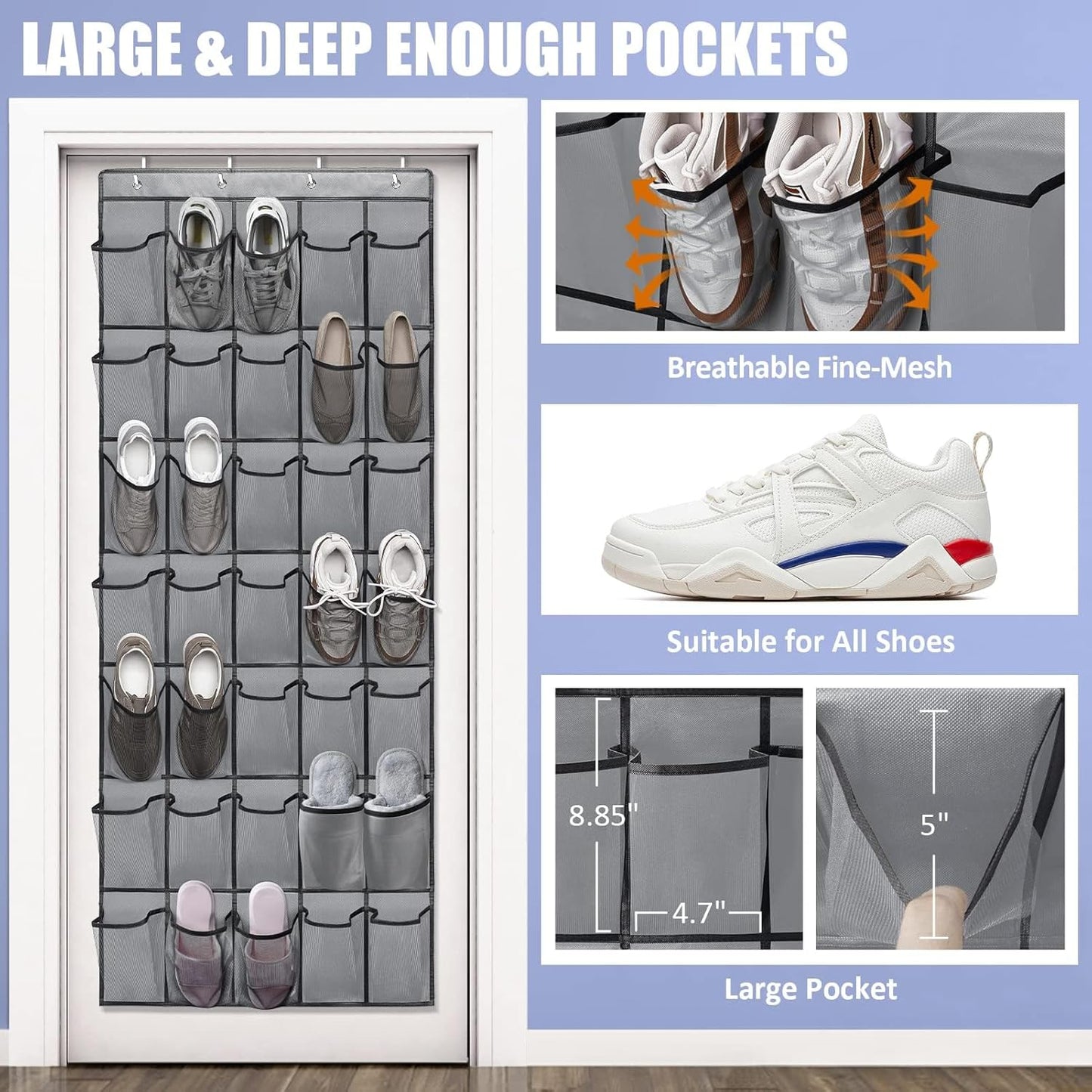 Over the Door Shoe Organizers 35 Mesh Pockets Hanging Shoe Organizer Shoe Rack for Closet Entryway Bedroom Bathroom Pantry Shoe Holder for Sneakers, High Heeled Shoes, Flip Flops (Gray 67.7” × 26.4”)
