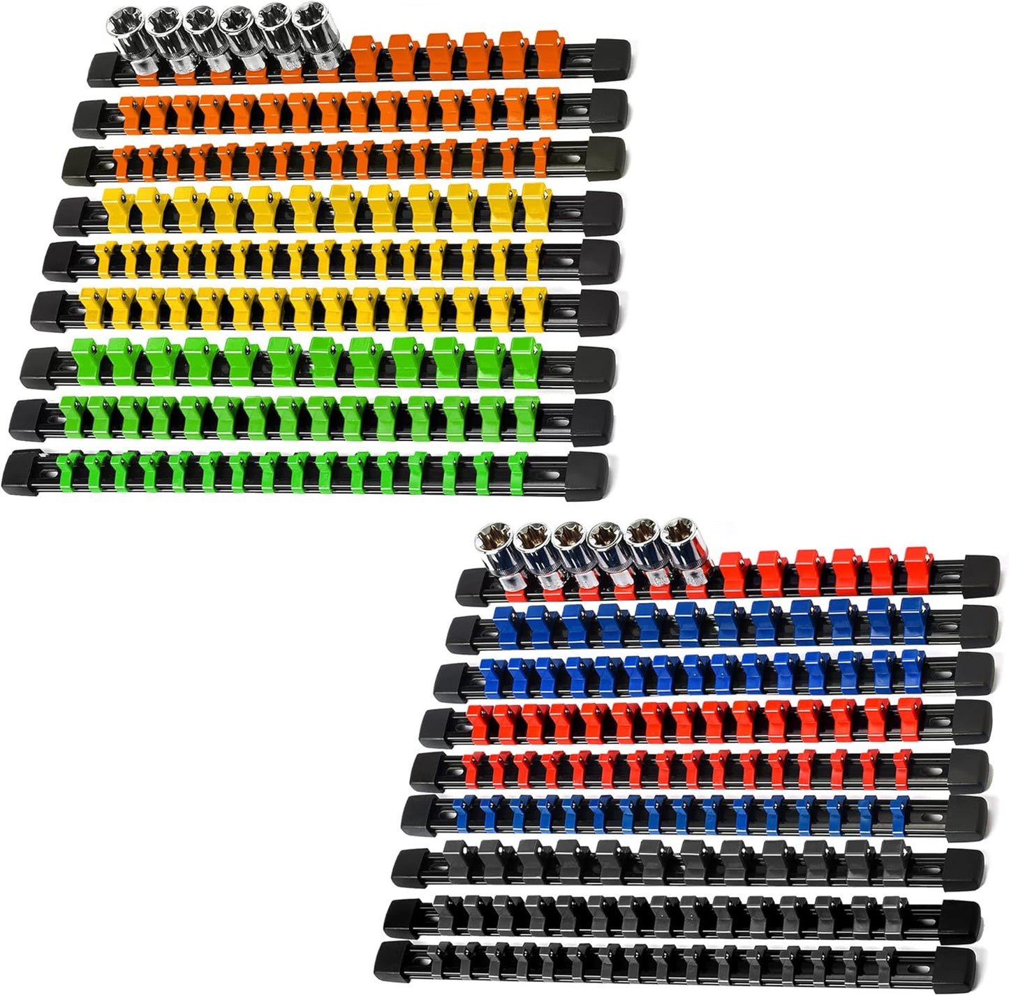 Socket Organizer Drive ABS Tools - Socket Holder, Premium Quality 18 Pieces Socket Holders Kit 1/4-Inch x 96 Clips, 3/8-Inch x 90 Clips, 1/2-Inch x 72 Clips（18PC,Mix-color)