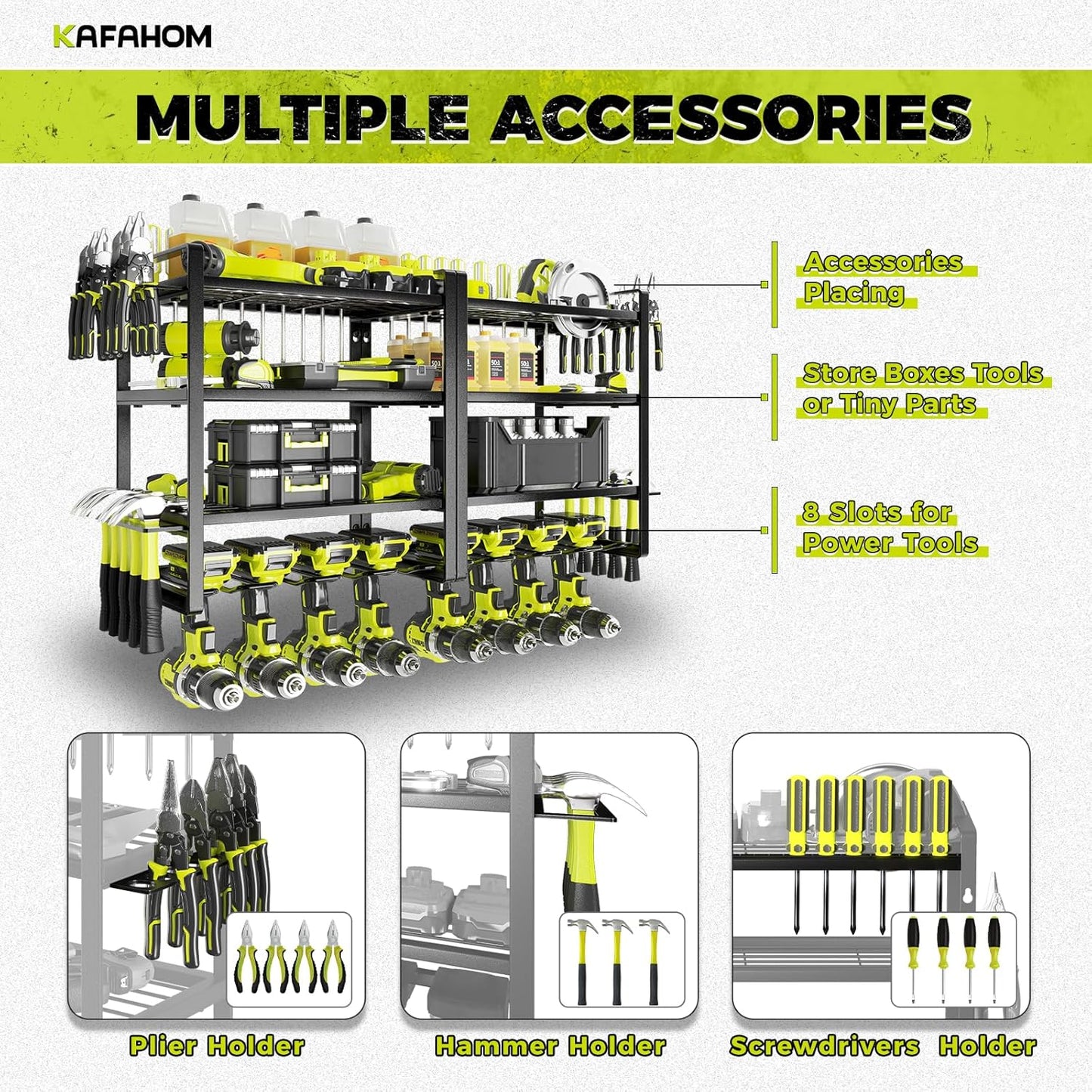 KAFAHOM Power Tool Organizer Wall Mount, 4-Tier Drill Holder for Cordless Tools, 2-Pack Set, Garage Storage Rack with Side Hooks for Hammers & Pliers, Tool Organizer for Workshop/Utility Room