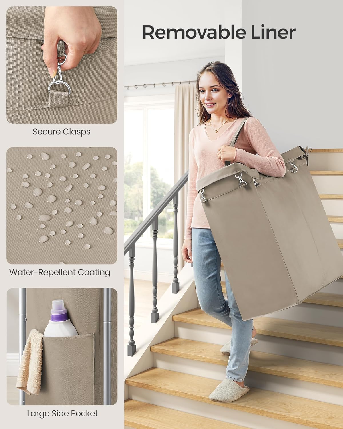 SONGMICS Laundry Basket with Wheels, 2-Section Rolling Laundry Hamper, 37 Gallons (140 L), Removable Liner, Steel Frame with Handle, 27.2 x 15.4 x 31.9 Inches, Camel Brown URLS004N01