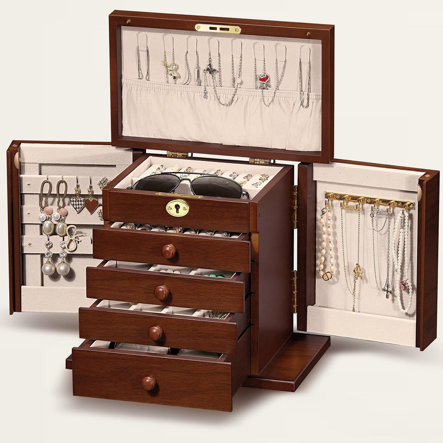 wooden Jewelry Box and Organizer - 8-Layer Lockable Wooden Jewelry Boxes for Women - Large Jewelry Boxes and Organizer with Key,Gift for Wife,dresser top jewelry box with lock