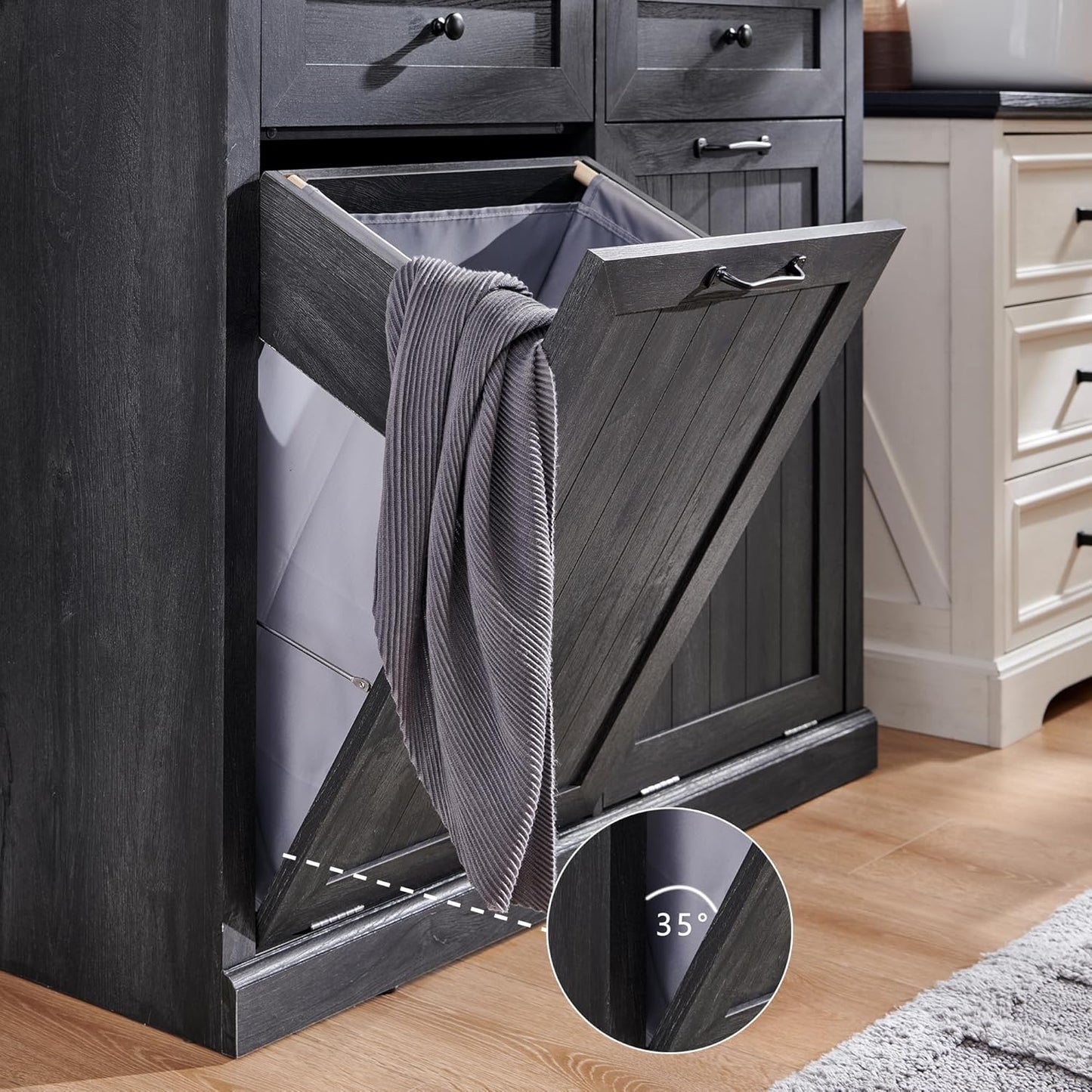 Double Tilt Out Trash Cabinet, 20 Gallon Farmhouse Laundry Hamper Cabinet with 2 Drawers, Hidden Wooden Trash Can Cabinets with Storage Basket for Kitchen, Living Room (Dark Grey)