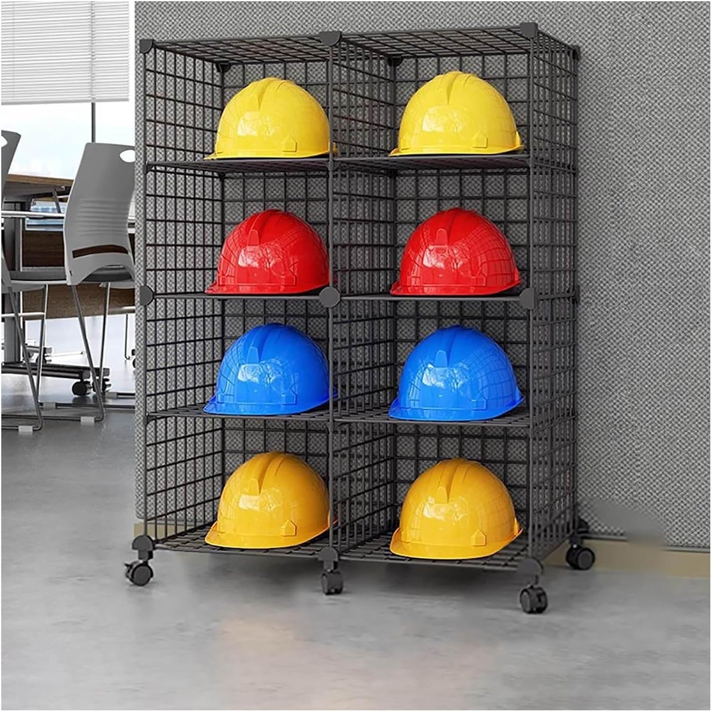 Stackable Safety Helmet Storage Boxes, Large Adjustable Hard Hat Placement Organizer Rack,with Wheels,for Construction Site/Garage/Workshop/Factory Helmet Display Shelf (Black, 8 Grids-2 * 4)
