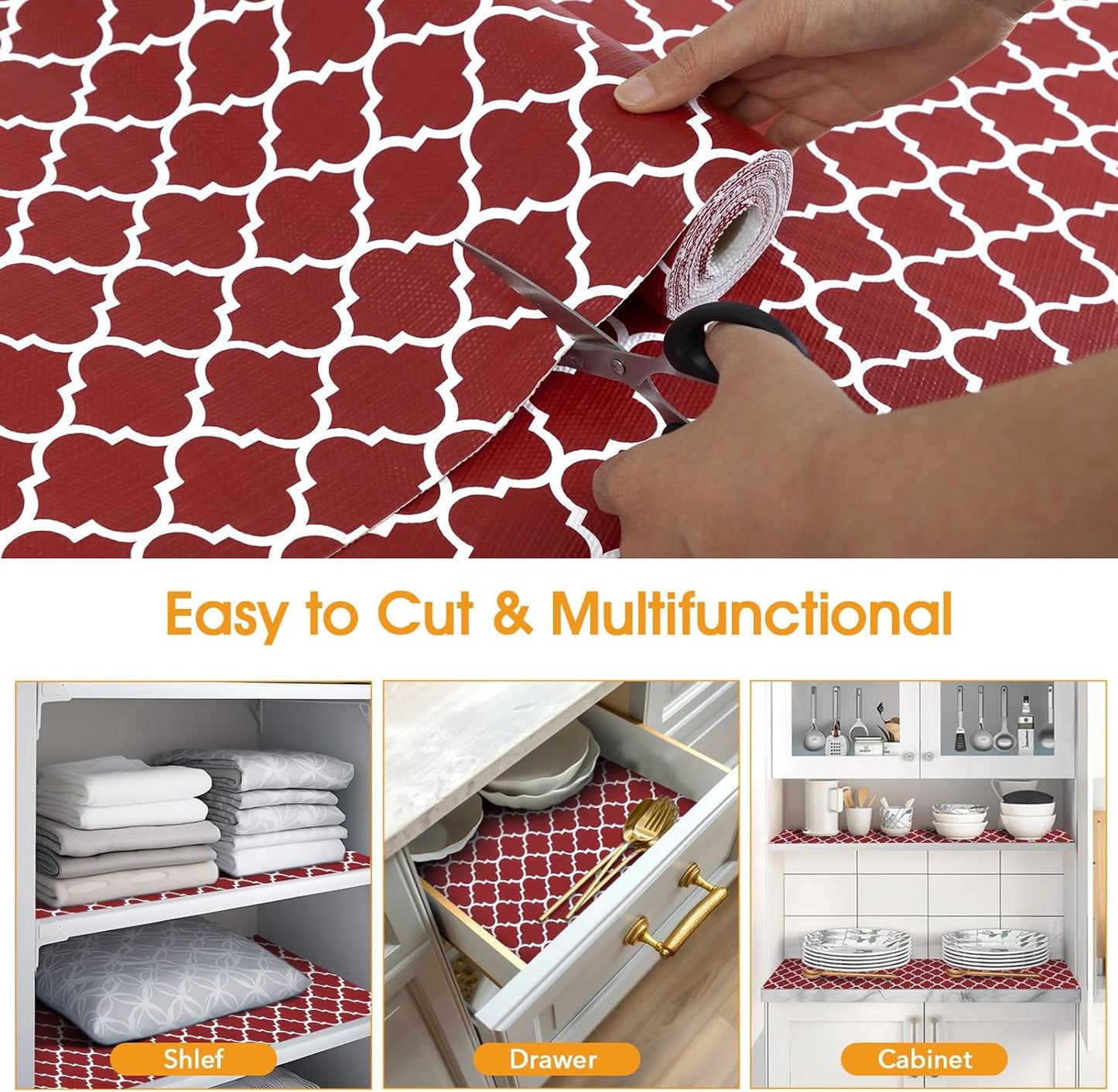 Shelf and Drawer Liner for Kitchen Cabinets Non-Adhesive, Strong Grip Non-Slip Thickened Cabinet Liners for Shelves, Waterproof Mats for Dresser Cupboard, Red/White, 17 in x 10 Feet