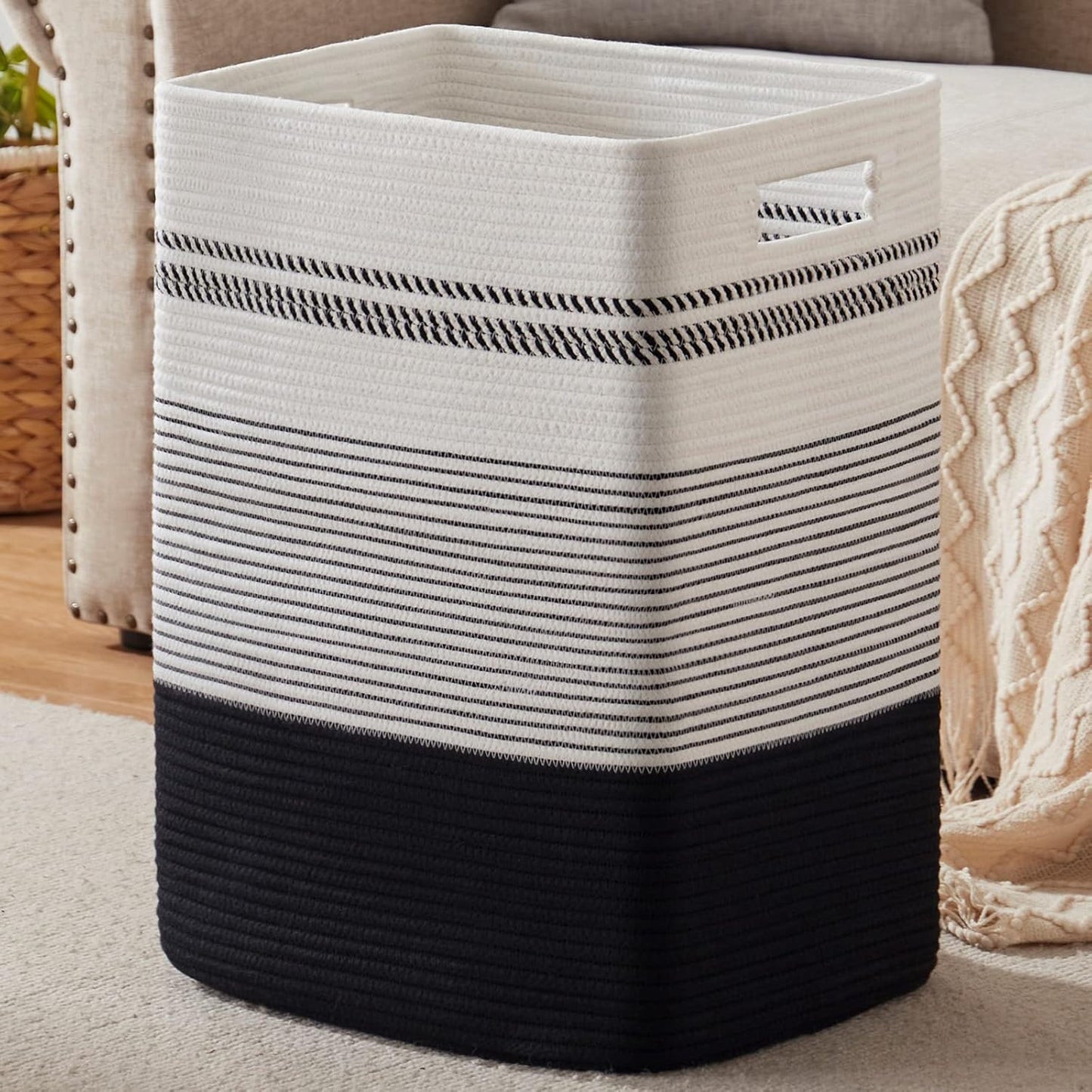 Laundry Hamper, Large Woven Rope Tall Laundry Basket with Handles, 22" X 17" X 13", Decorative Storage Basket for Clothes and Blankets in Living room, Bedroom, Black& White