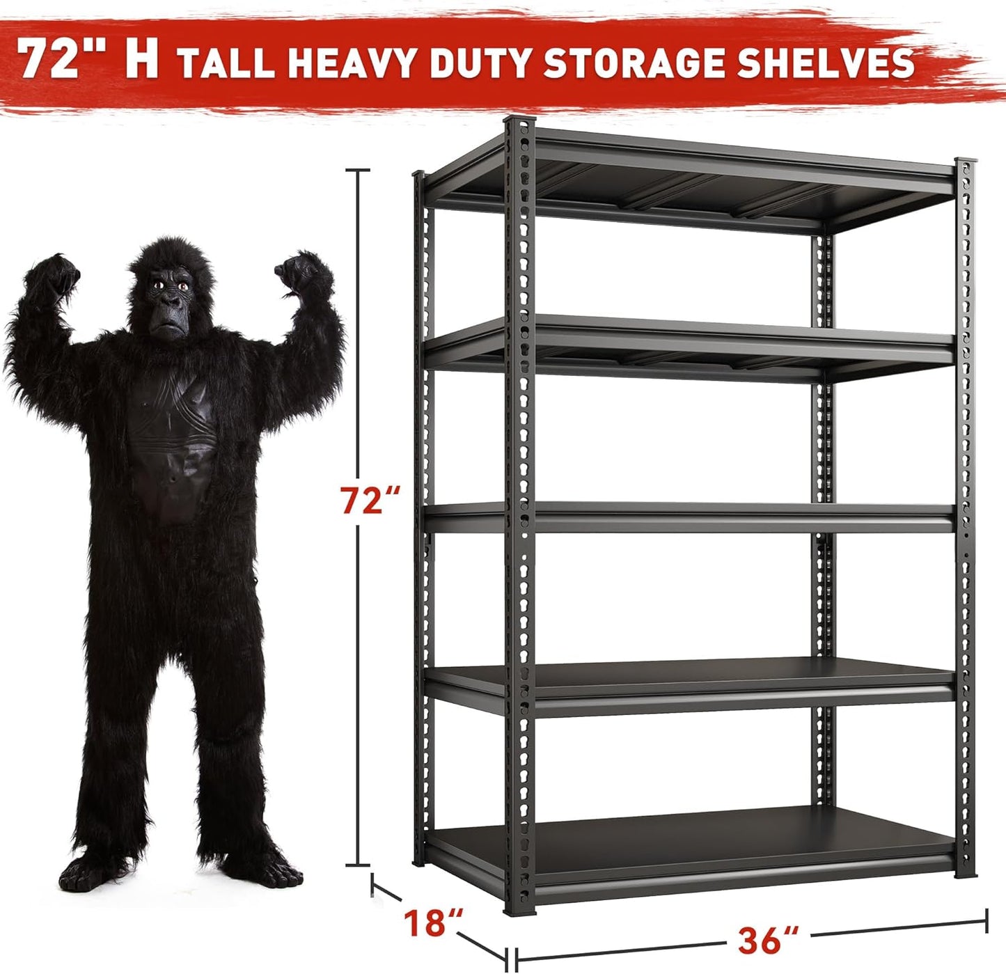 REIBII Garage Shelving 72" H, Storage Shelves Heavy Duty Load 2500 LBS, 5-Tier Metal Shelving Adjustable Garage Shelves for Warehouse, Basement, Pantry, Factory,72" H x36 W x18 D, Black