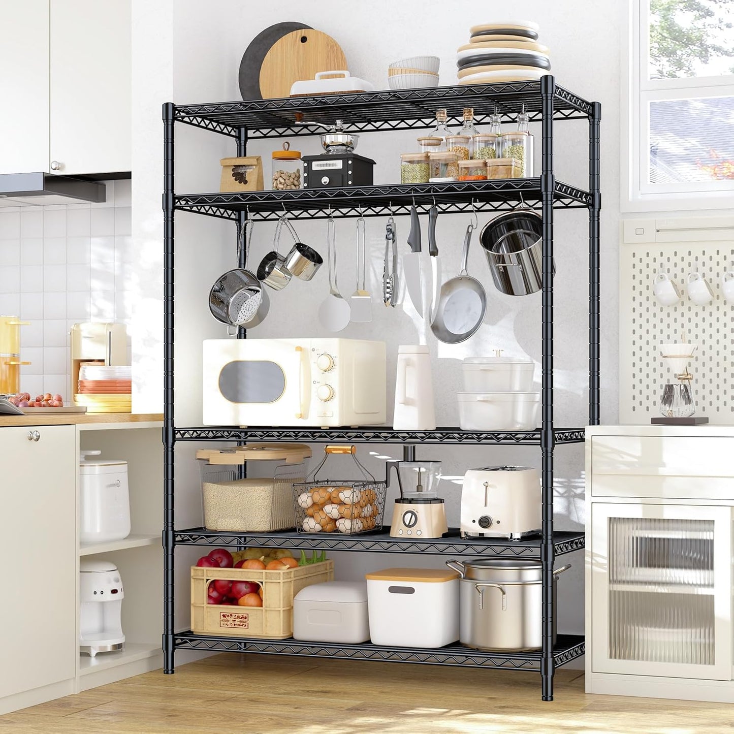 5 Tier Storage Shelves 71" H Wire Shelving Adjustable Metal Shelving,1000LBS Pantry Shelves Sturdy Steel Wire Shelf for Kitchen Commercial Pantry Garage Warehouse,71" H X35.5 W X13.8 D, Black