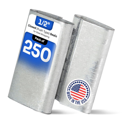 IDL Packaging 1/2" Closed (Push Type) Seals for Steel Strapping, Pack of 250 - USA-Made Sturdy Metal Clips for Securing Heavy Packaging & Pallet Banding - Superior Holding Power for Steel Banding Jobs