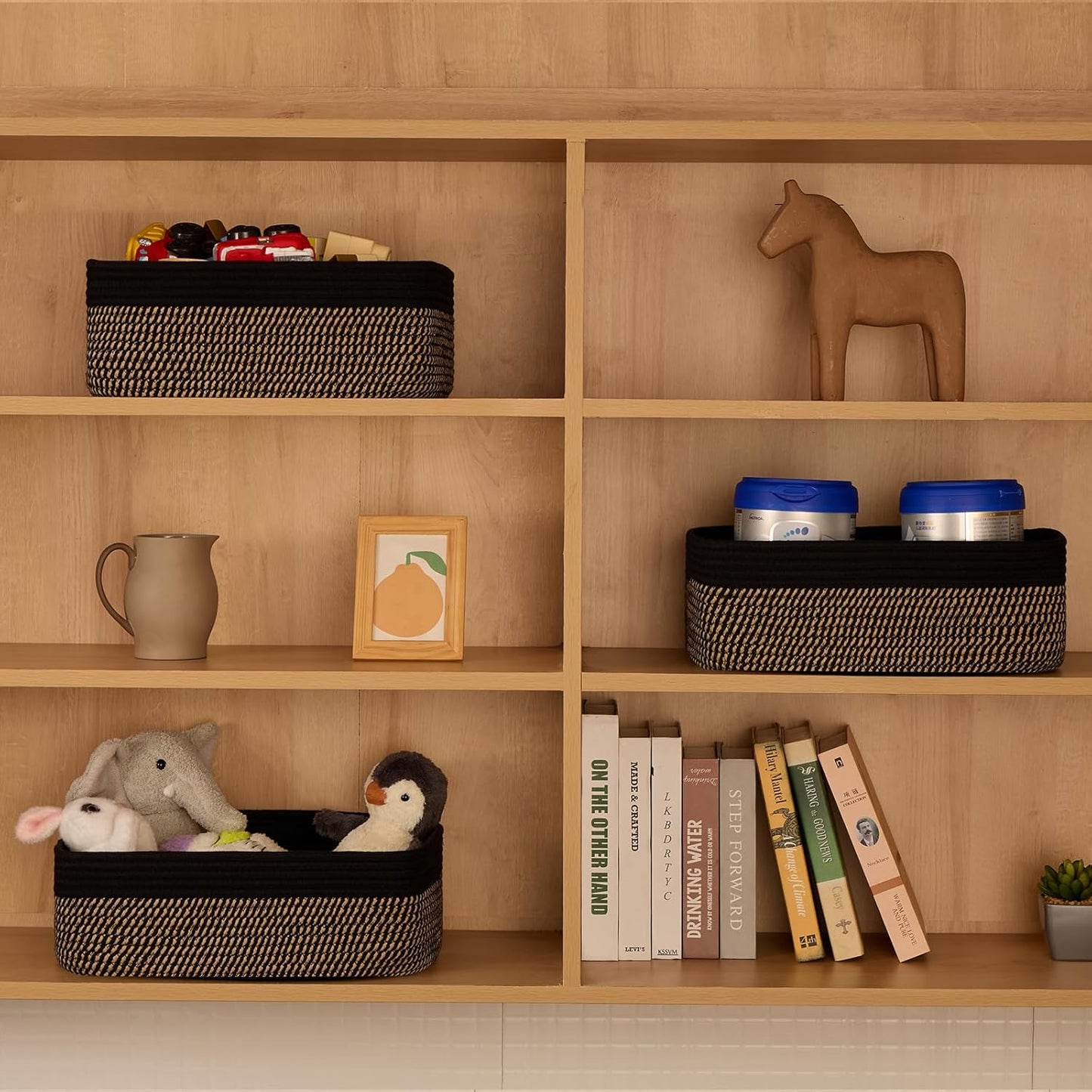 Large Shallow Organizing Baskets 15x11x5.1 Inches - Rope Woven Storage Bins for Bathroom, Shelves, Cube Closet, Black Woven Brown 4 Packs