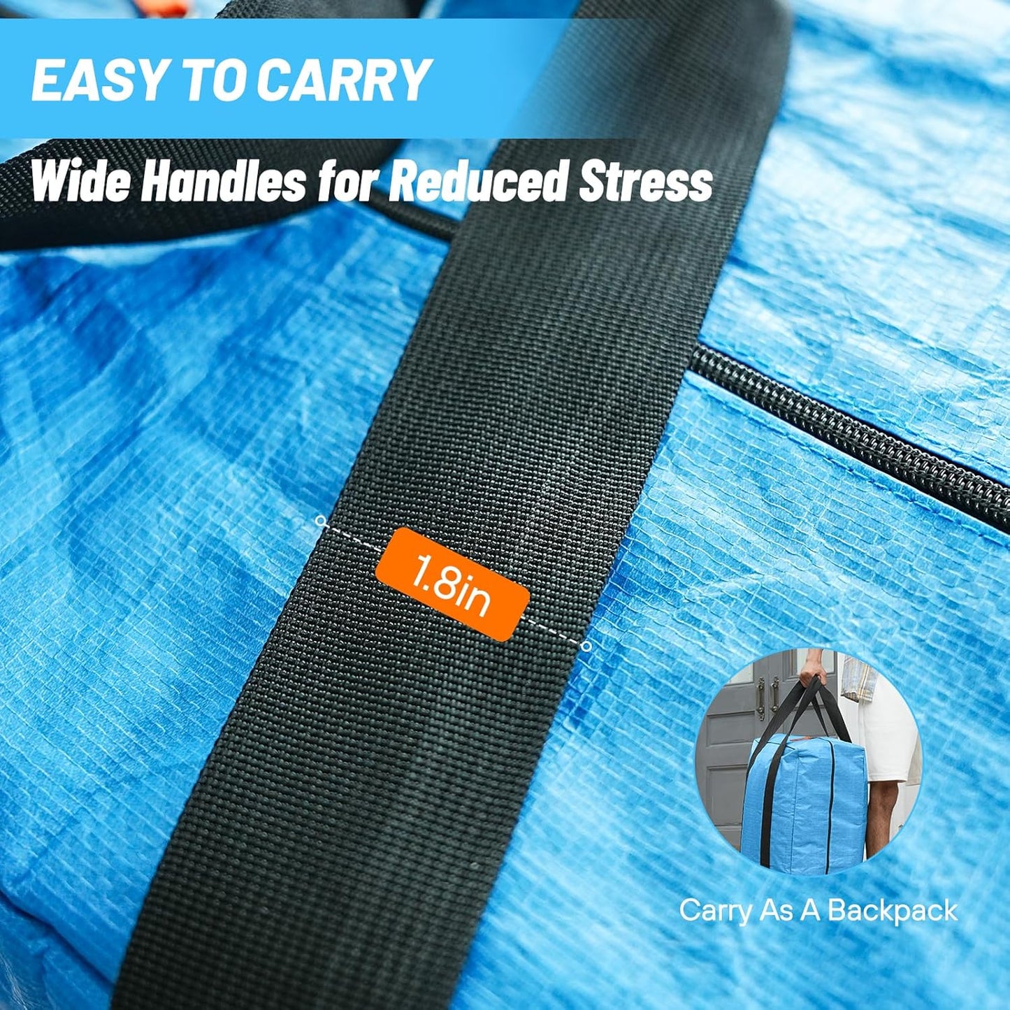 6 Pack Large Moving Bags, Storage Bag with Zipper, Heavy Duty Packing Bags with Internal Compression Straps, Wrap Around Handles, Alternative to Moving Boxes, Blue and Black