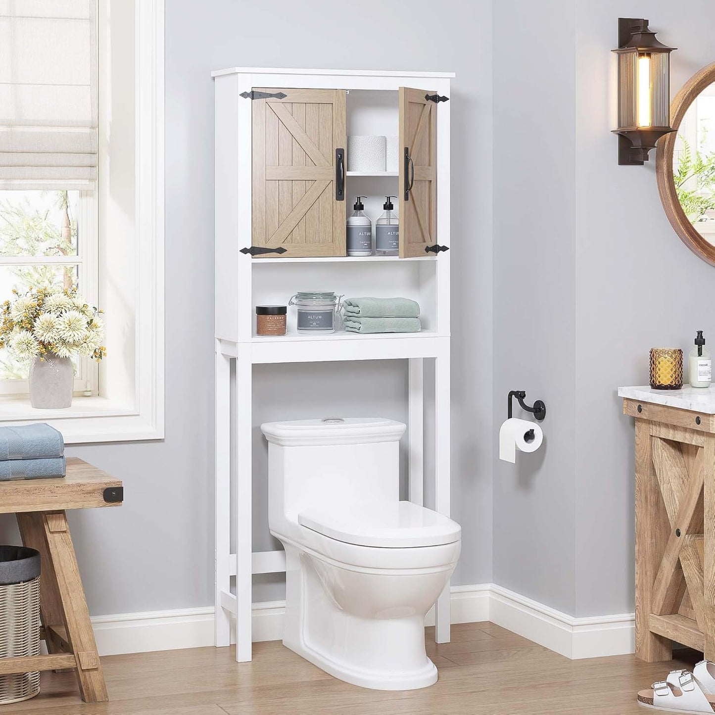 Spirich Over The Toilet Storage Cabinet, Farmhouse Over Toilet Bathroom Organizer with Wood Grain Barn Doors and Adjustable Shelves