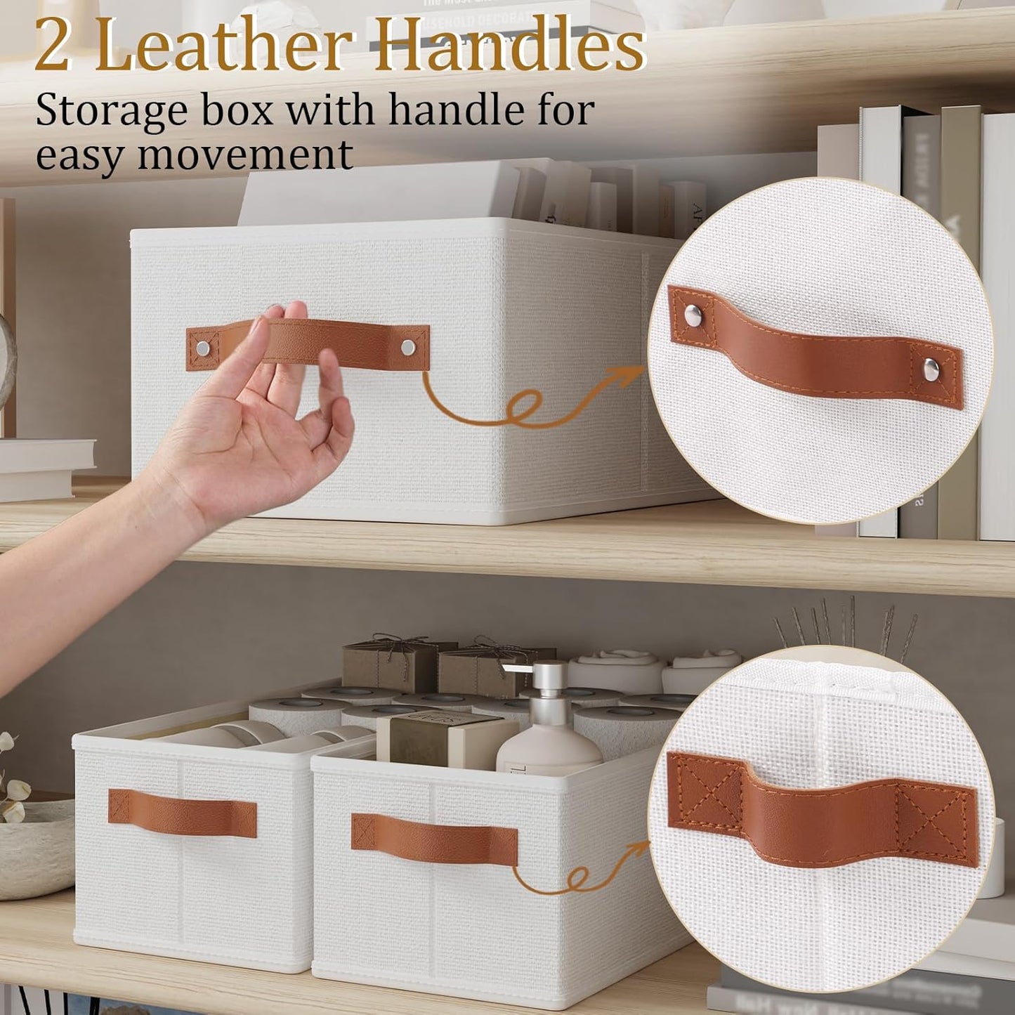 OUTBROS Fabric Storage Boxes, Foldable Bins With Handles, Wardrobe Baskets for Organizing, For bedrooms, living rooms, Shelves, White, 16.1 x 6.5 x 9.8 inch, 6-Pack