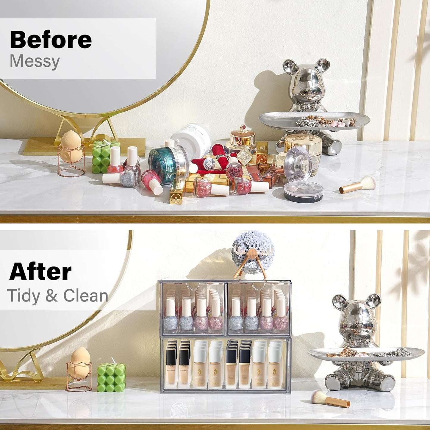 Prsildan Acrylic Drawer Makeup Organizer with 3 Drawers, Clear Stackable Storage for Baby Bottles, Craft, Jewelry & Hair Accessories, Multi-Use for Vanity, Countertop, Office Desk Organization