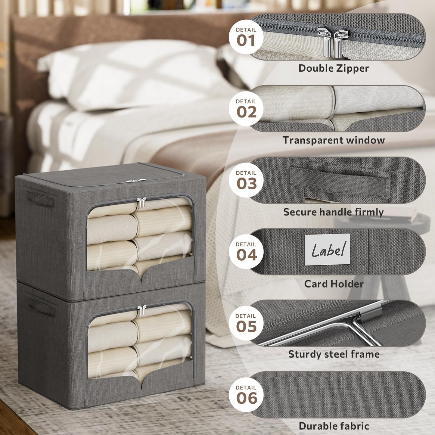 FHSQX 3 Pack Clothes Storage Bins - Foldable Metal Frame Storage Box - Stackable Linen Fabric Container Organizer Set with Carrying Handles and Clear Window (Dark Gray, 19.7x15.7x13inch(66L))