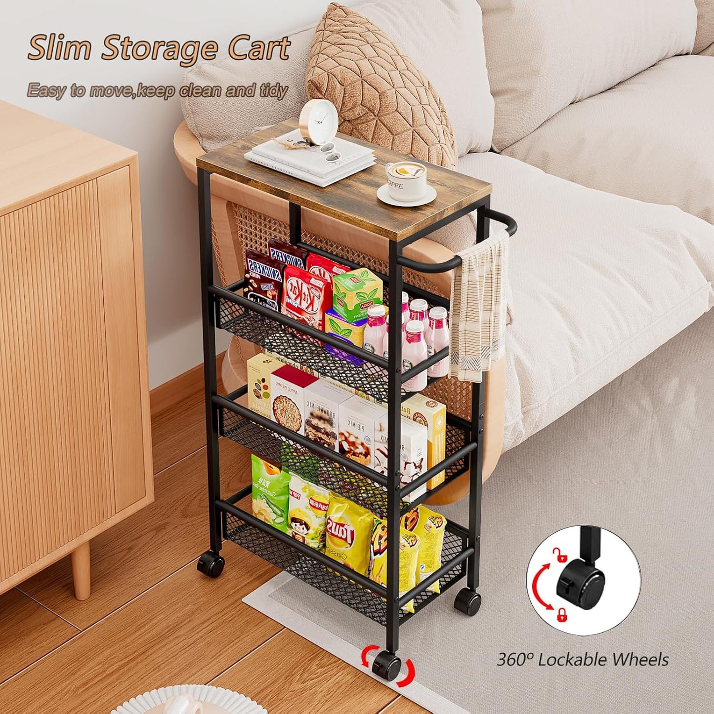 AZERPIAN Slim Rolling Cart 4 Tier Narrow Storage Cart on Wheels with MDF Board Top and Metal Handle for Small Space Kitchen Living Room Bathroom Laundry Room (16.38 x 9.06 x 30.31inch)