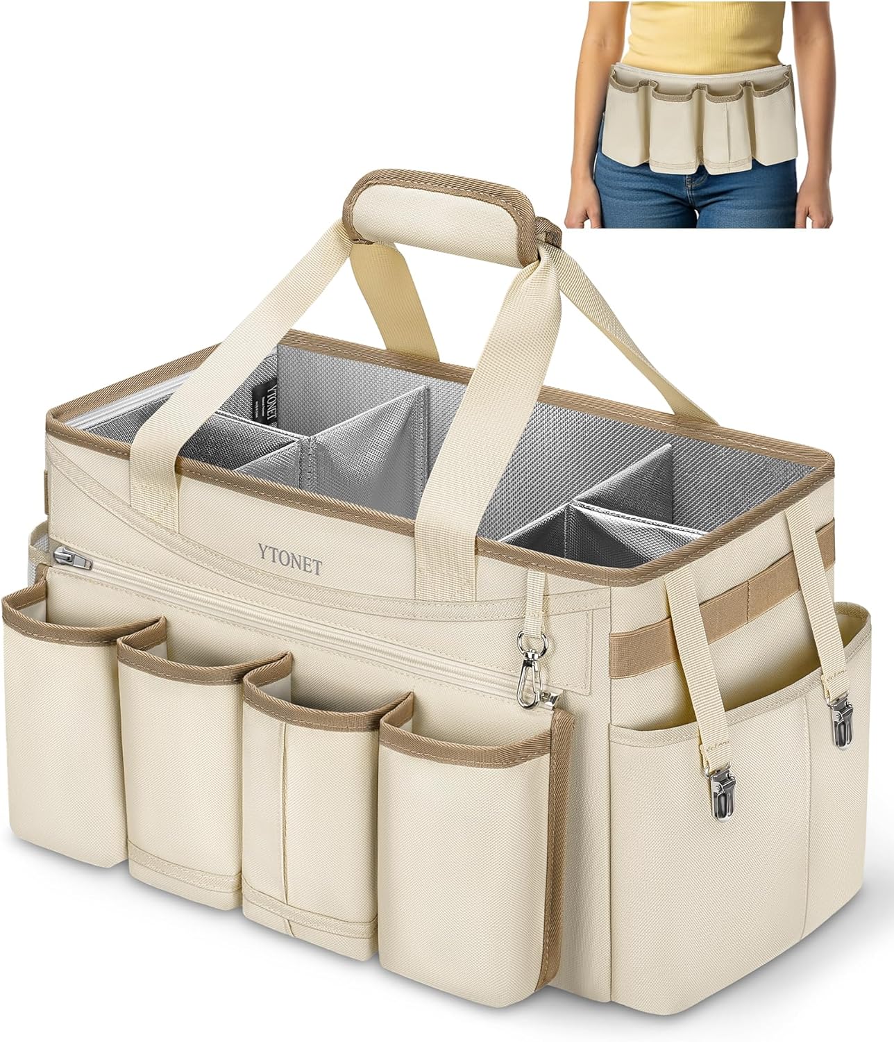 Ytonet Cleaning Caddy Bag with Detachable Apron, Extra Large Cleaning Supplies Organizer with Foldable Dividers, Portable Cleaner Tote with Handle, Cleaner Caddy for Kitchen, Detailing Bag, Apricot