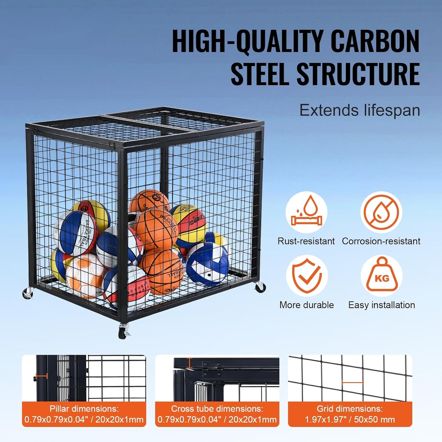 VEVOR Rolling Sports Ball Storage Cart, Lockable Basketball Cage with Double Lids, Sport Equipment Holder Organizer for Indoor Outdoor, Steel Storage Rack for Garages, Playgroup, Gym and Schools