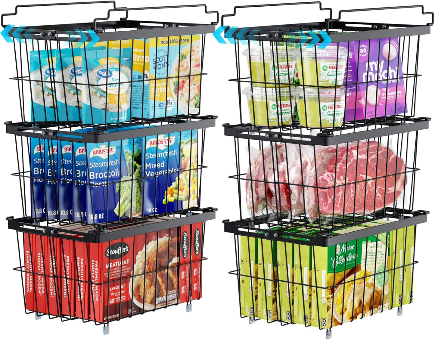 iSPECLE Freezer Organizer Bins - Fit 5 to 9 Cu.Ft, 6 Pack Adjustable & Extra Large Chest Freezer Organizer Bins for Deep Freezer, Easy Organize Basket Store More, Stackable No Wasted Space, Black