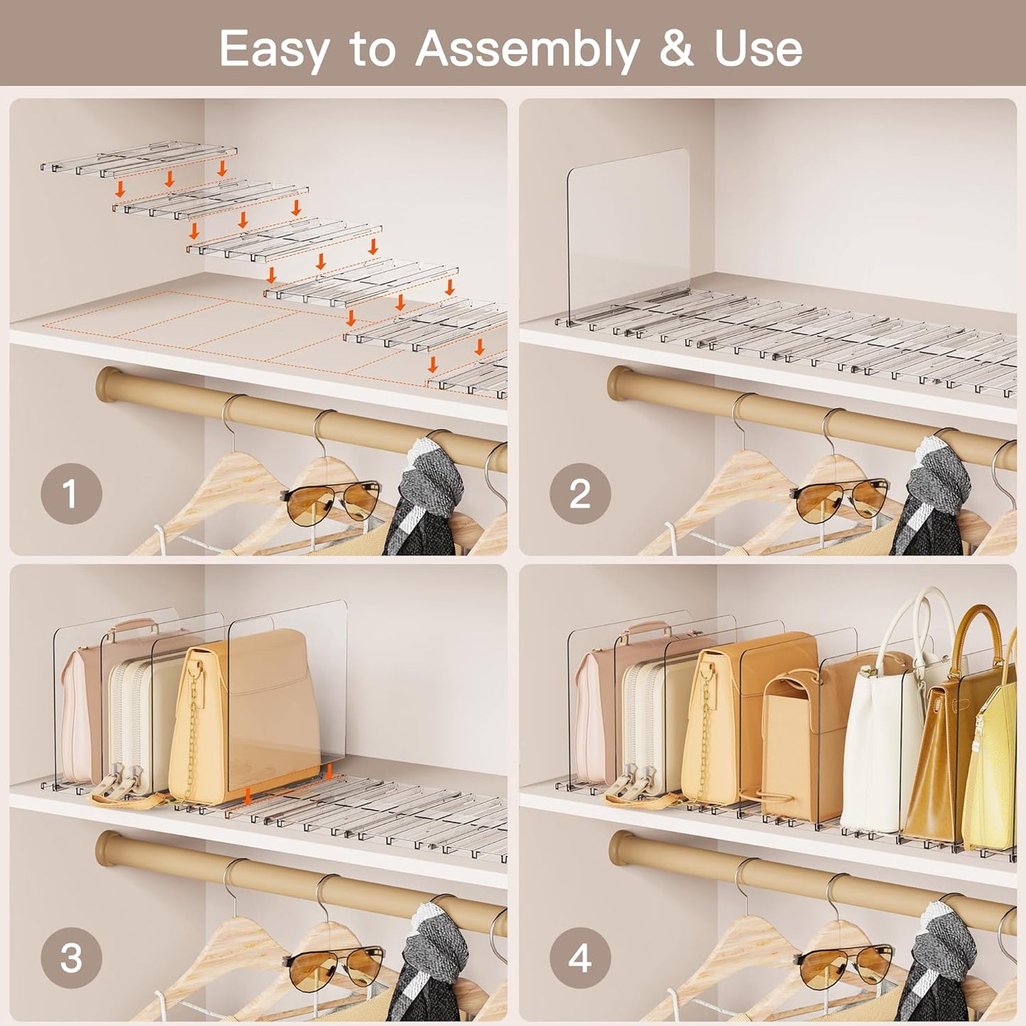 Criusia Adjustable Closet Purse Organizer Rack – 28.8" Extra-Long Shelf Divider with 6 Base Panels & 8 Dividers – Non-Slip Handbag Holder for Bags, Clothes, Kitchen, Office