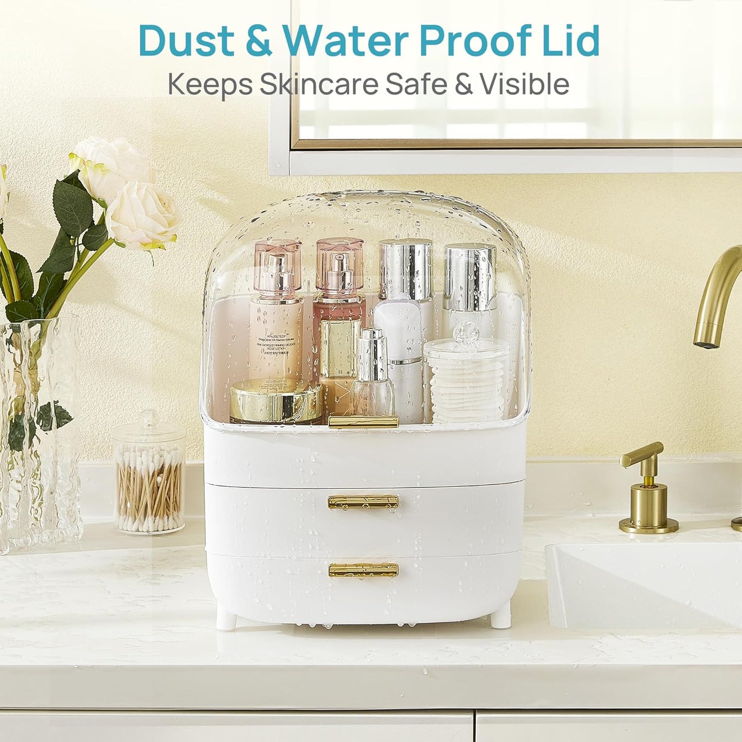 Vtopmart 3-Tier Skincare Makeup Organizer with Drawers and Lid for Vanity and Bathroom Countertop, Large Cosmetic Storage Box Case for Dresser, with Non-Slip Base