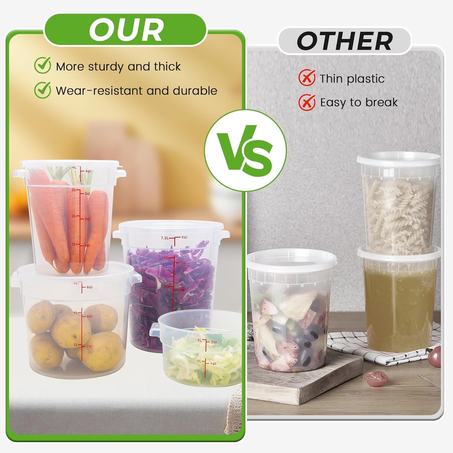 4 Pack Round Food Storage Containers with Lids, 12Qt Translucent Commercial Food Container, Polypropylene, BPA Free, Includes Labels & Measuring Cups