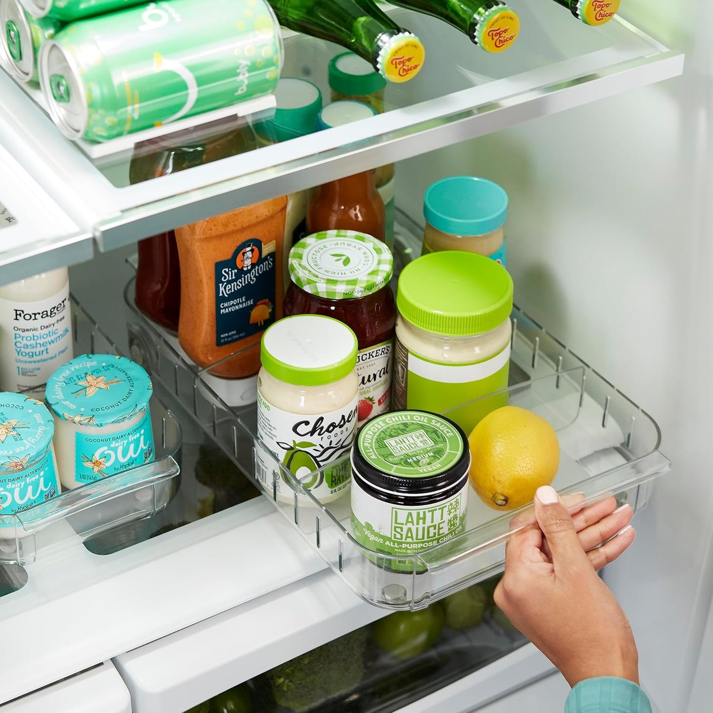 YouCopia RollOut Fridge Caddy BPA-Free Clear Rolling Refrigerator Organizer Bin with Adjustable Dividers and Handles, 9" Wide