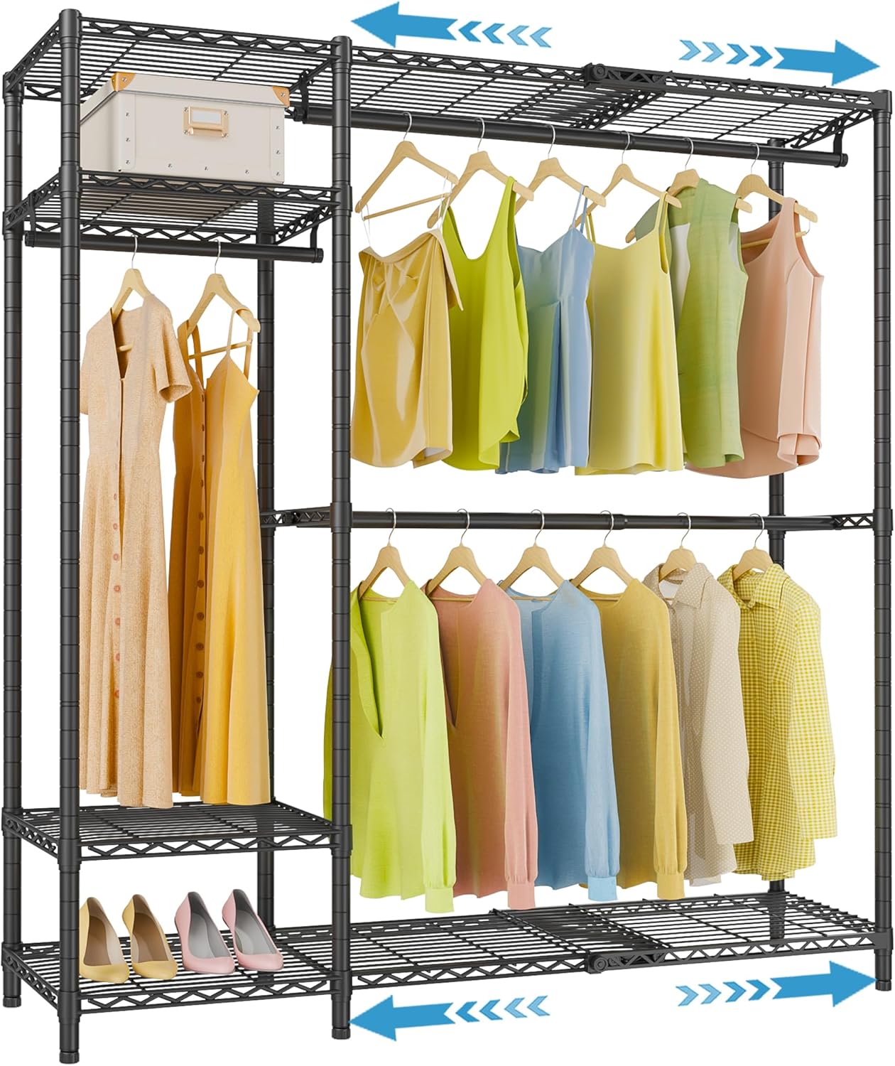 VIPEK X20 Expandable Metal Clothing Rack Adjustable from 3'3" to 4'8" Heavy Duty Garment Racks with Adjustable Shelves and Hanger Rods Portable Wardrobe Open Closet Rack System, Black